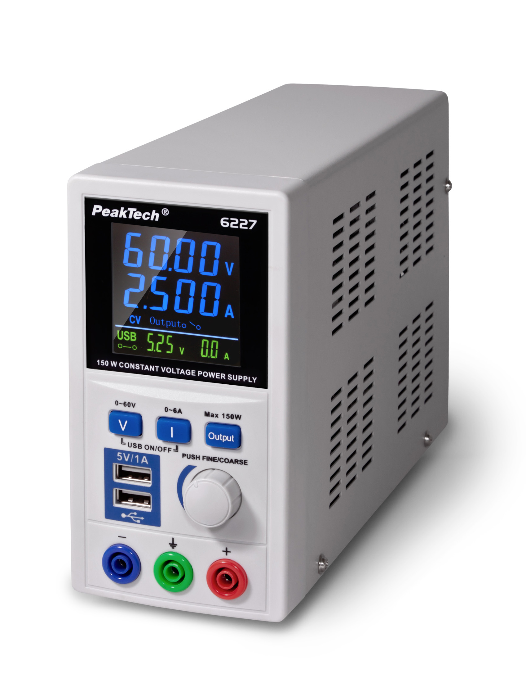 «PeakTech® P 6227» DC power supply 0-60 V / 0-6 A with 2 x USB «PeakTech® P 6227» DC power supply 0-60 V / 0-6 A with 2 x USB