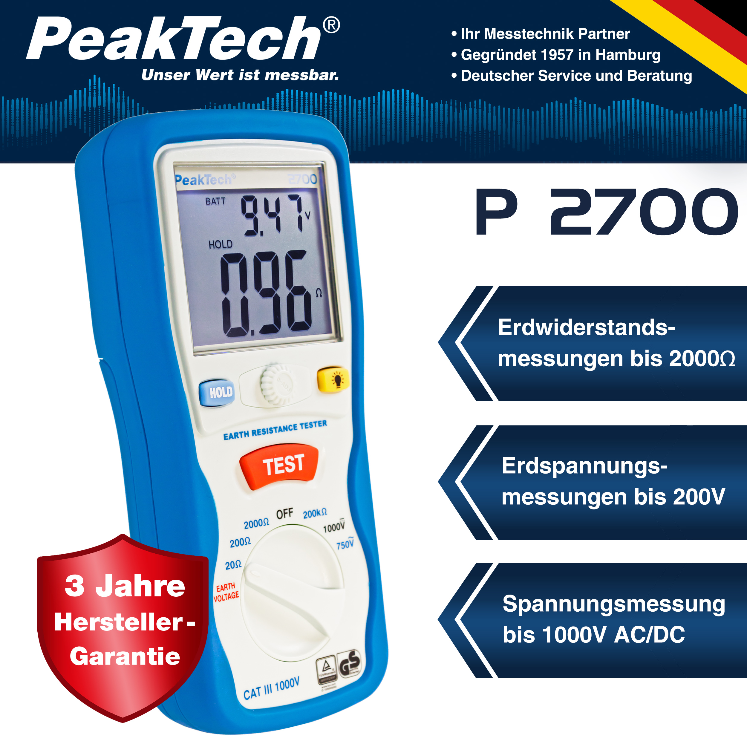 «PeakTech® P 2700» Digital earth tester, 0-2000Ω, CAT III 1000V