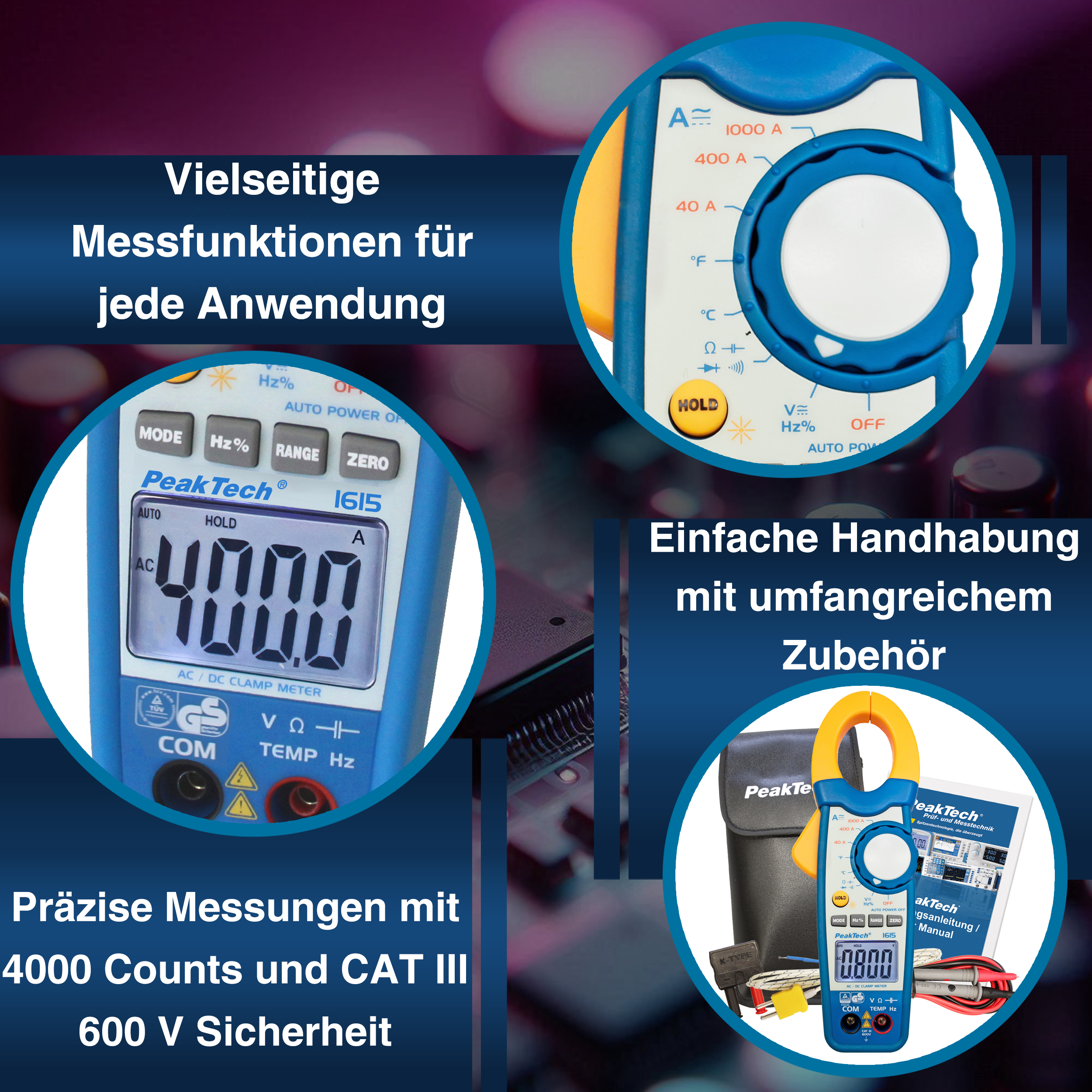 «PeakTech® P 1615» Pince ampèremétrique 4000 points 1000 A AC / DC