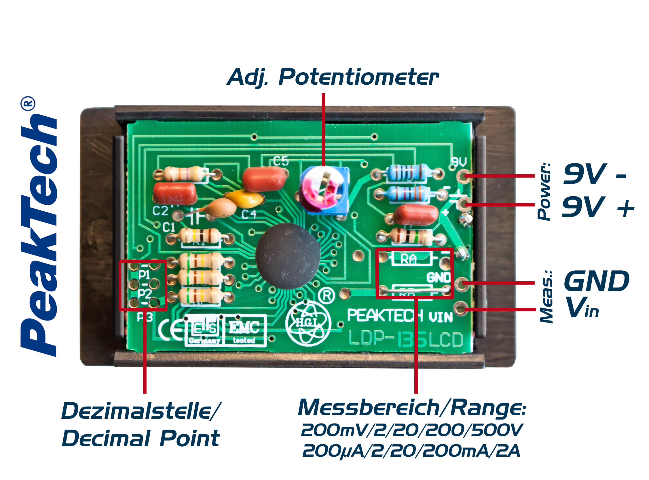 «PeakTech® LDP-135» Voltímetro y amperímetro, Display LCD 13mm