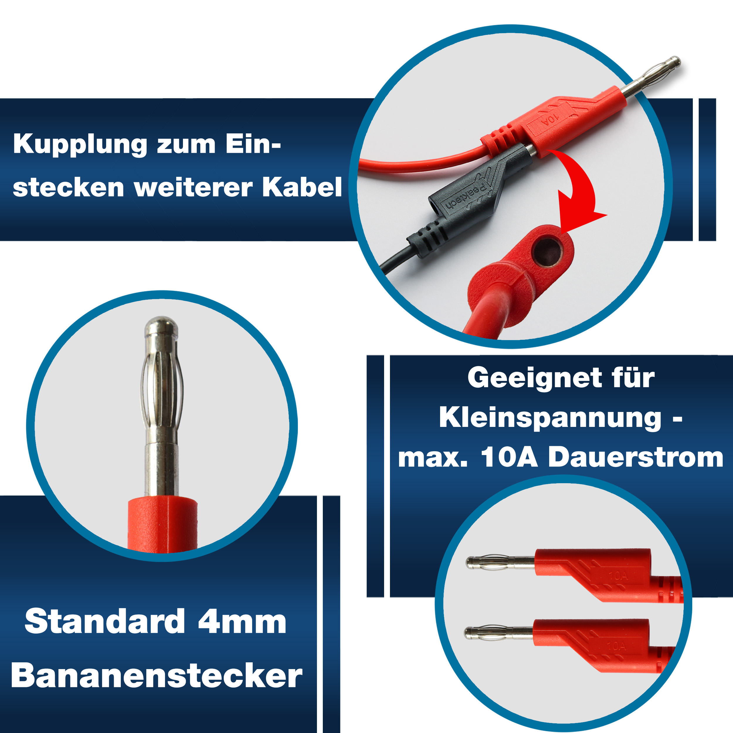 «PeakTech® P 7049» Jeu de 4 cordons de test (100 cm) pour alimentations de laboratoire