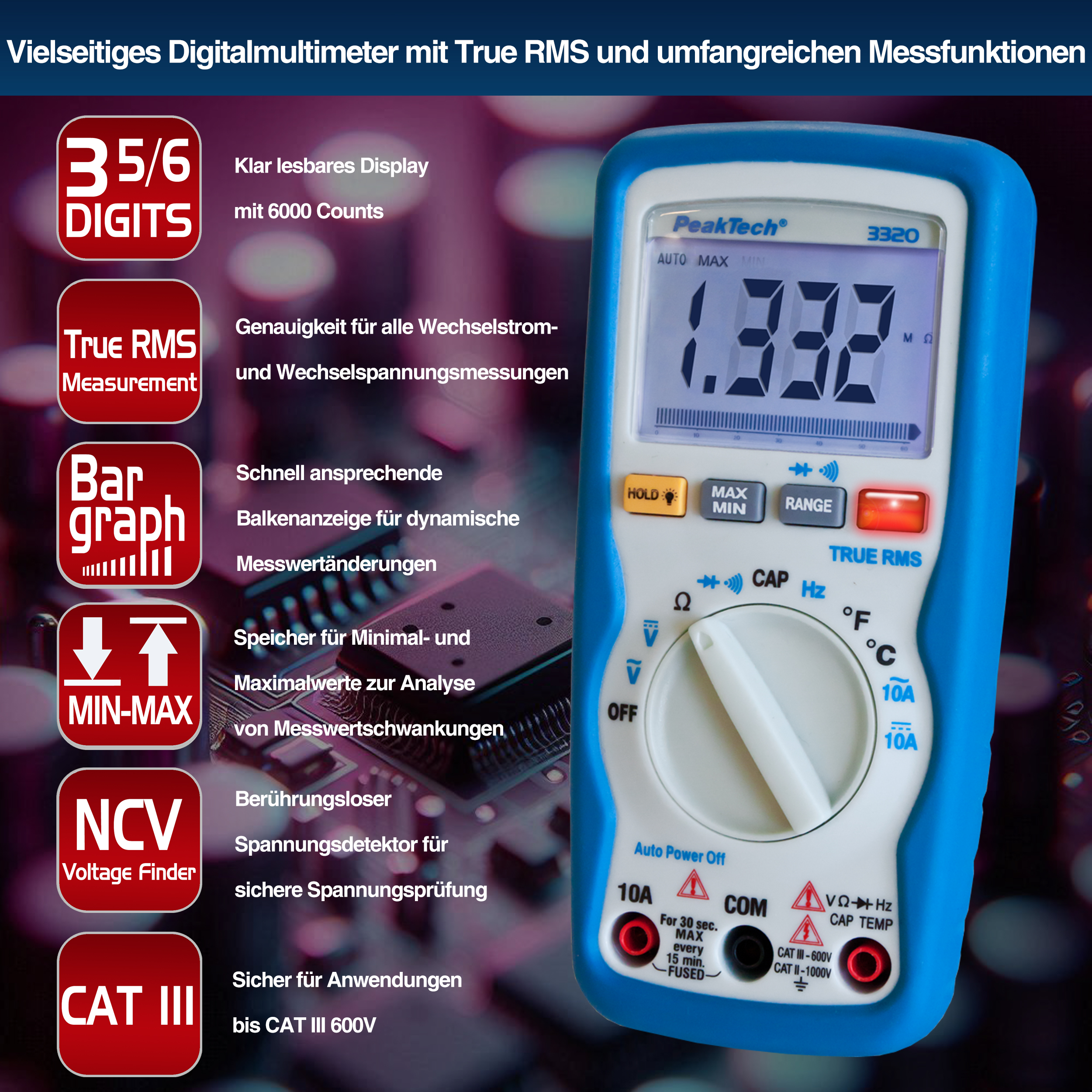 «PeakTech® P 3320» Multimetro digitale, 6.000 conteggi, TrueRMS