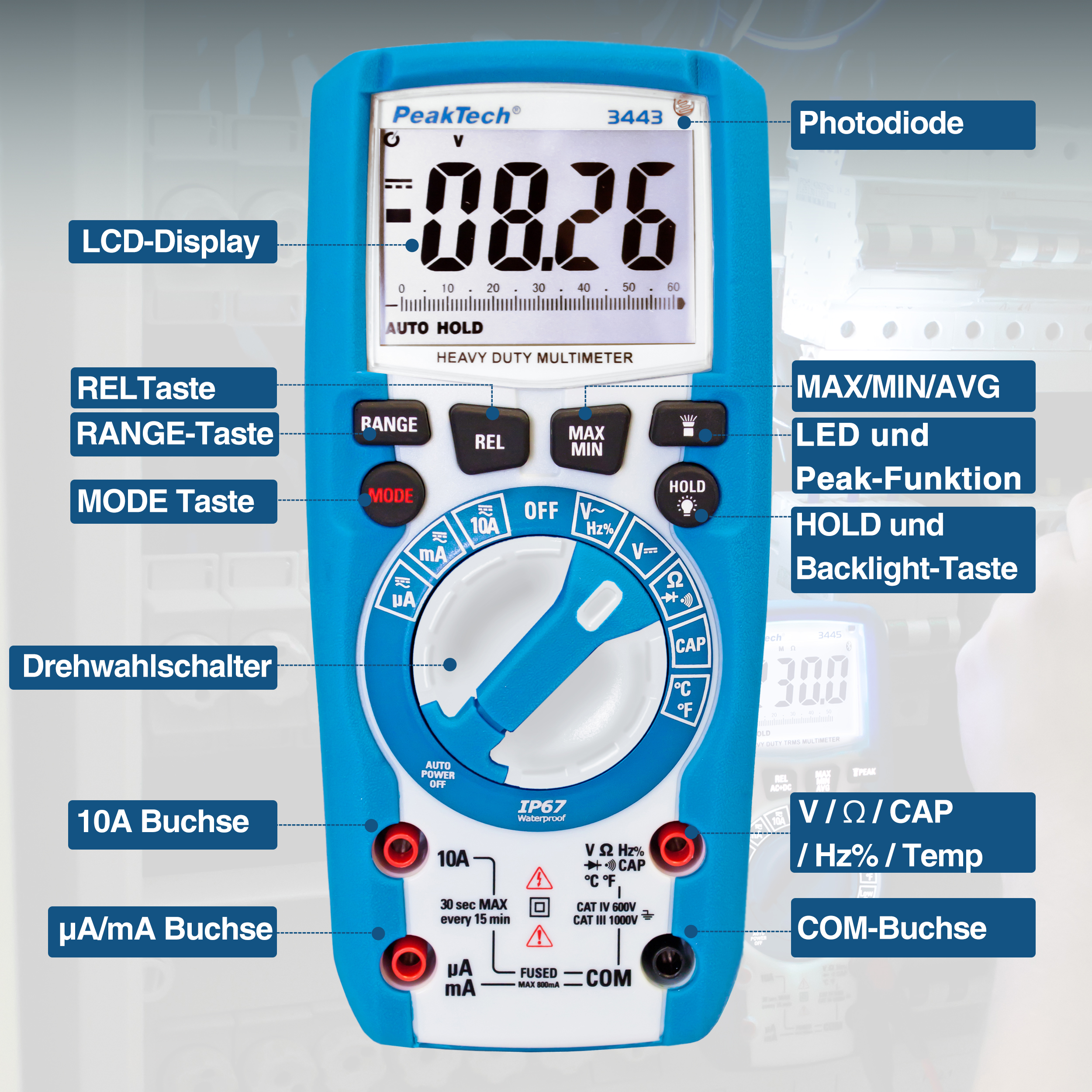 «PeakTech® P 3443» Multímetro Digital 6000 cuentas, IP67