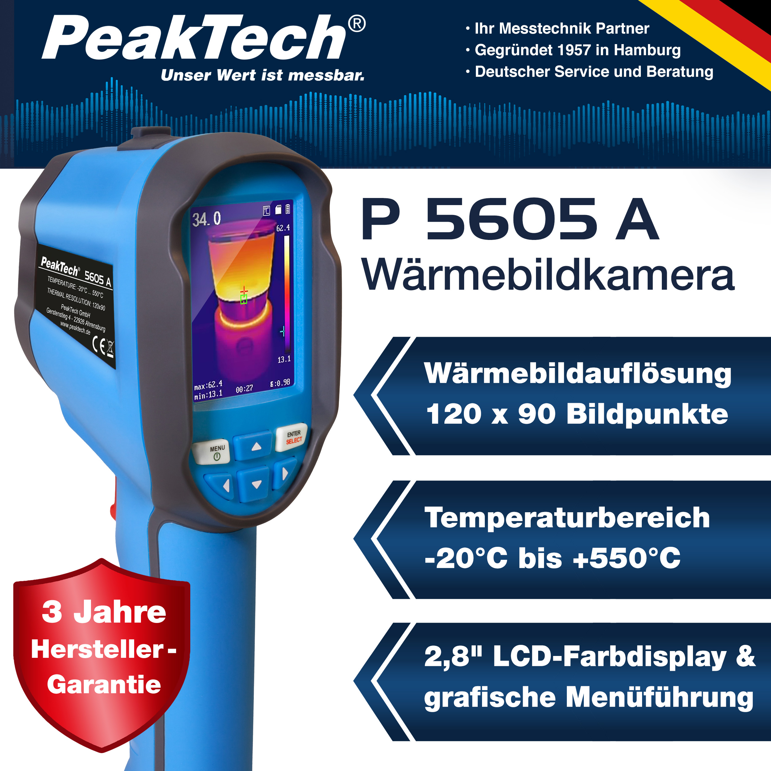 «PeakTech® P 5605 A» Caméra thermique 120 x 90 px. -20°C ... +550°C avec photos et vidéo