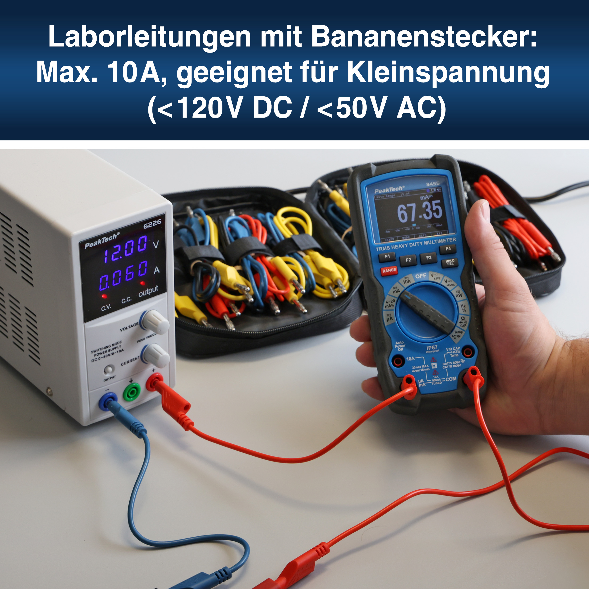 «PeakTech® P 7049» Jeu de 4 cordons de test (100 cm) pour alimentations de laboratoire