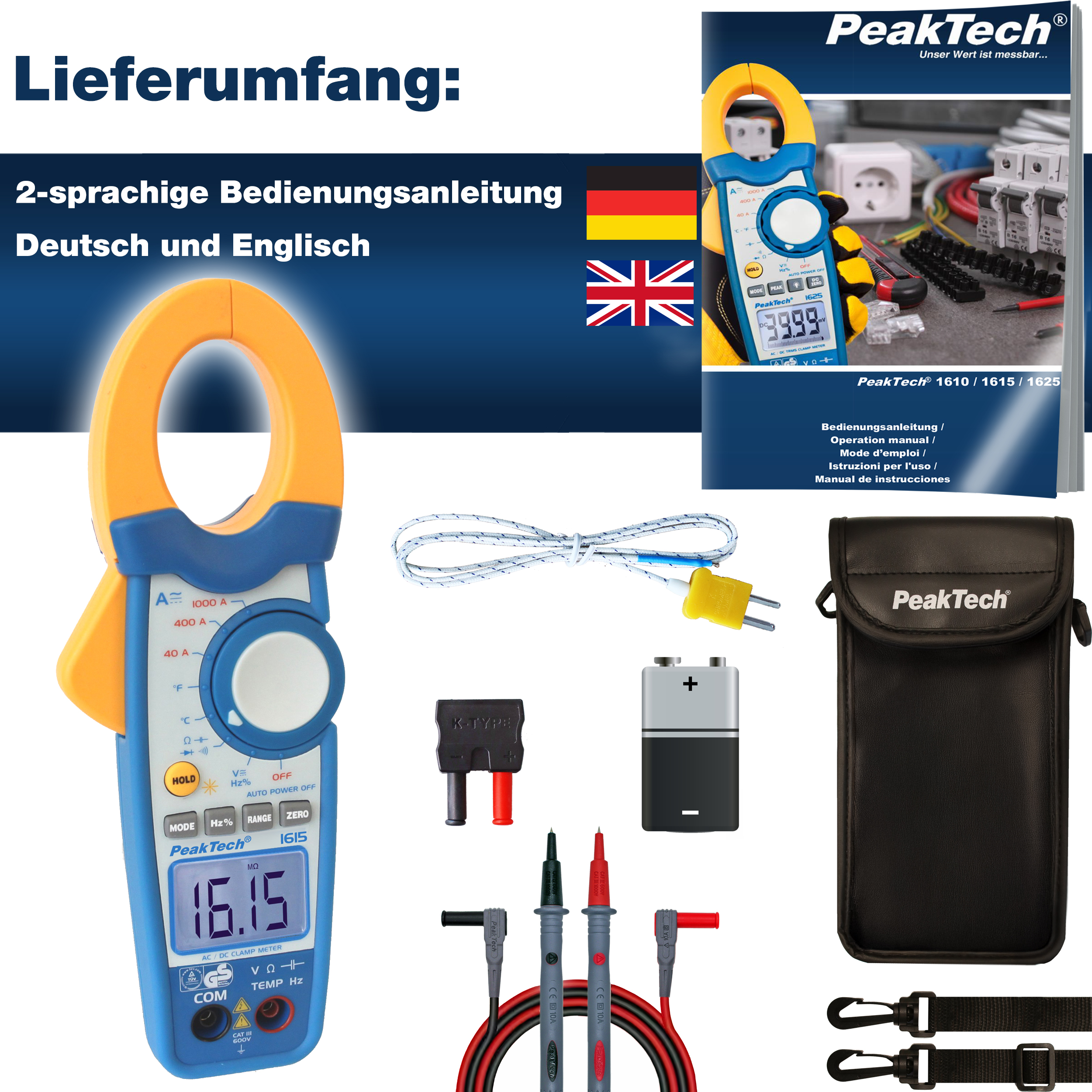 «PeakTech® P 1615» Pince ampèremétrique 4000 points 1000 A AC / DC