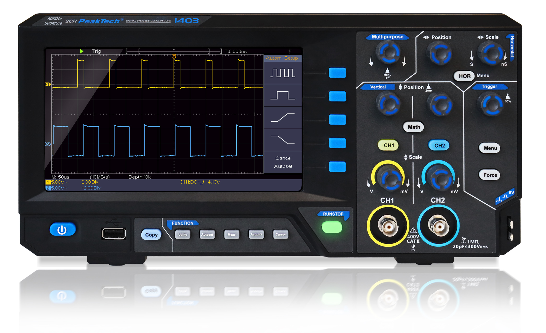 «PeakTech® P 1403» 50 MHz / 2CH, 500 MS/s Oscilloscope à mémoire