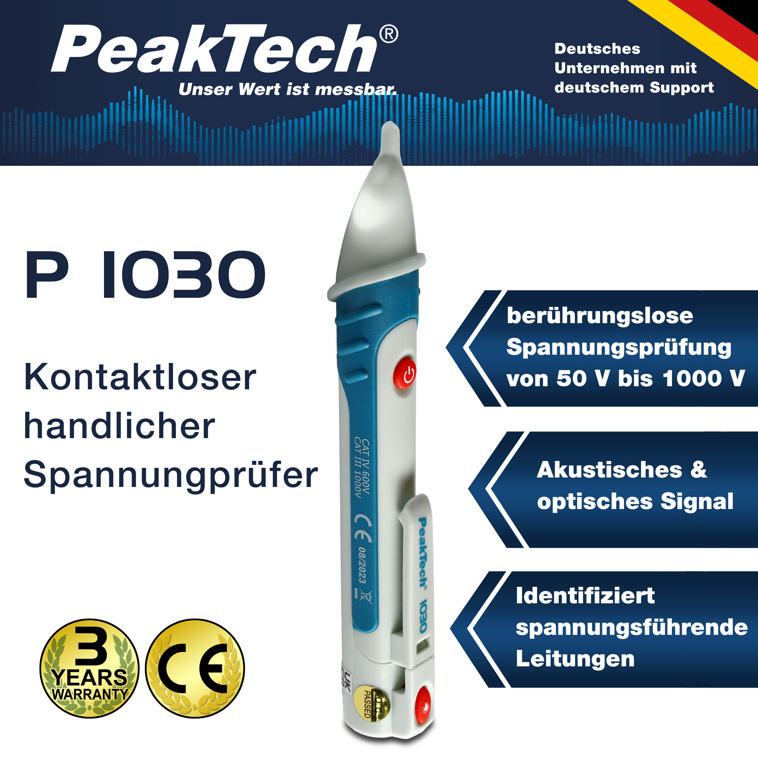 «PeakTech® P 1030» AC-Spannungsprüfer 50 - 1000 V AC, Kontaktlos