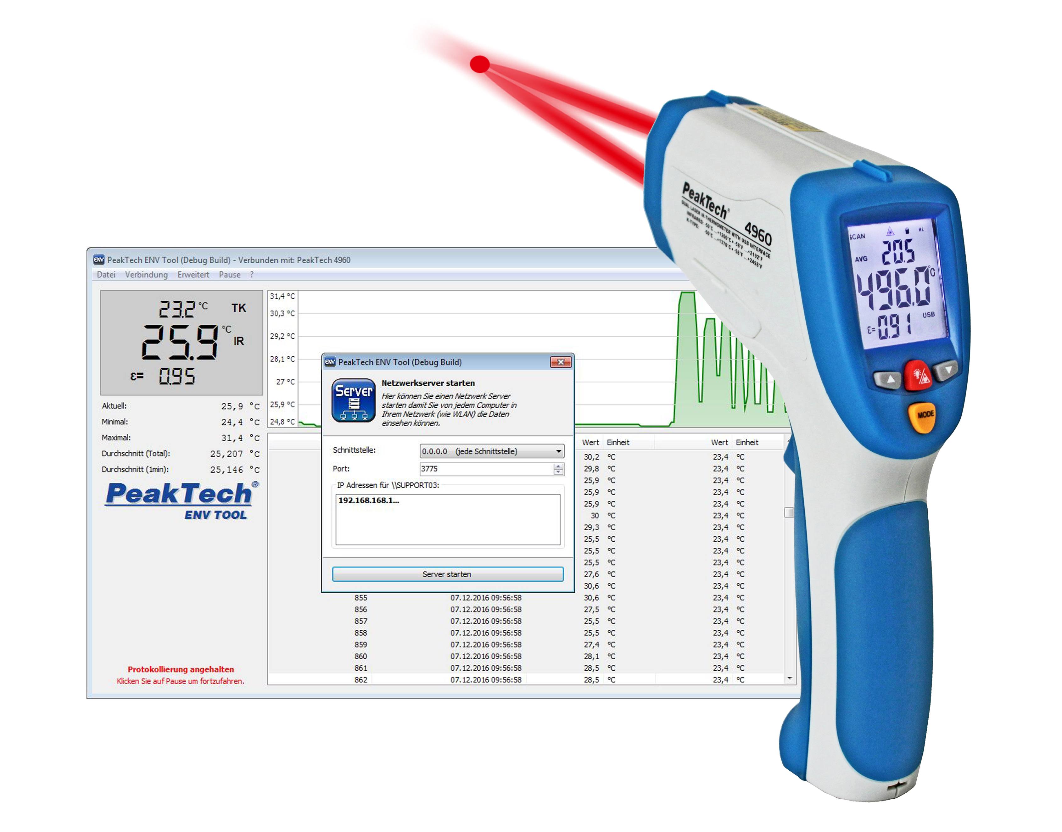 «PeakTech® P 4960» Termometro a infrarossi; -50 ... +1200°C, USB