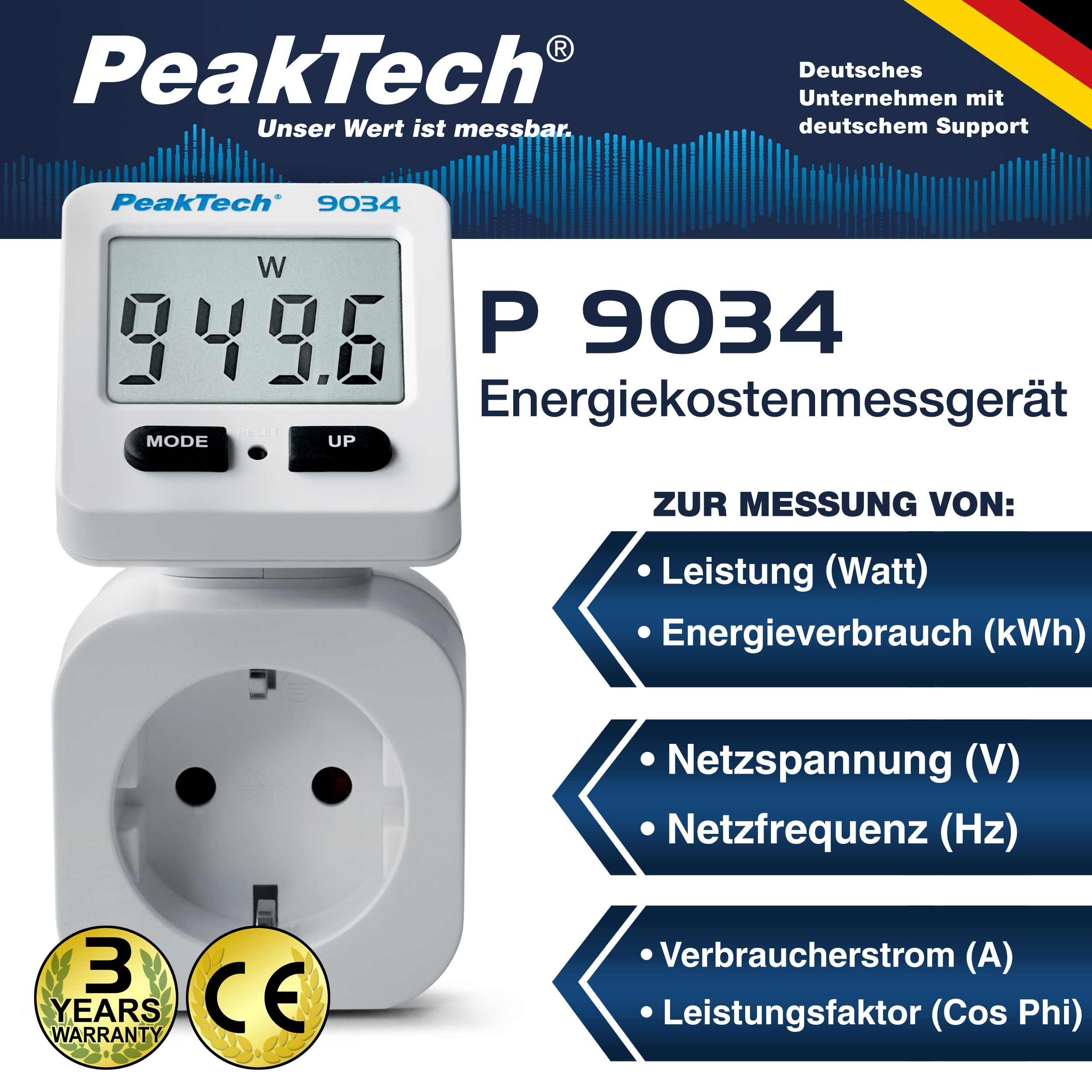 «PeakTech® P 9034» Energiekostenmessgerät 0,1W Auflösung mit drehbarer Anzeige