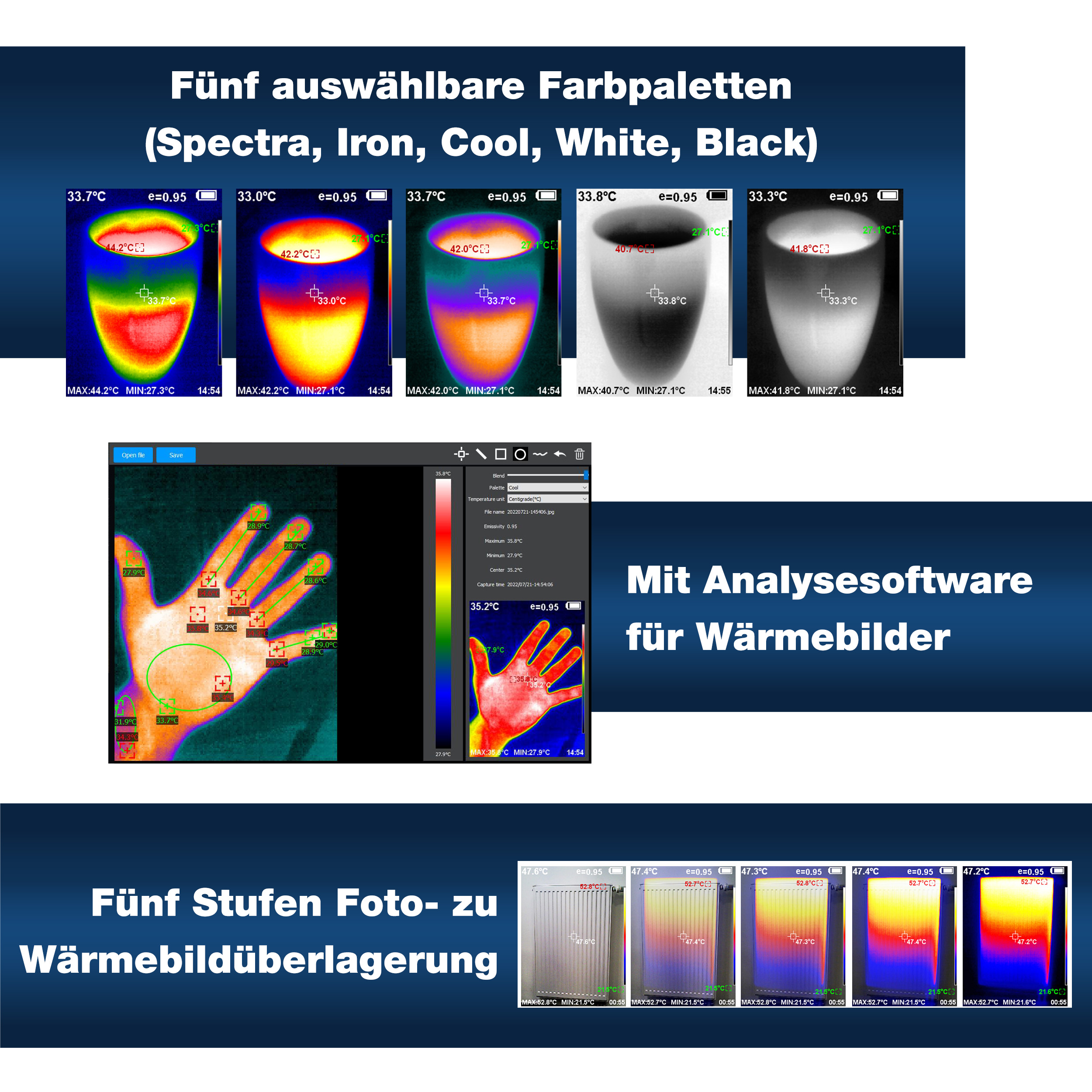 «PeakTech® P 5605 A» Caméra thermique 120 x 90 px. -20°C ... +550°C avec photos et vidéo