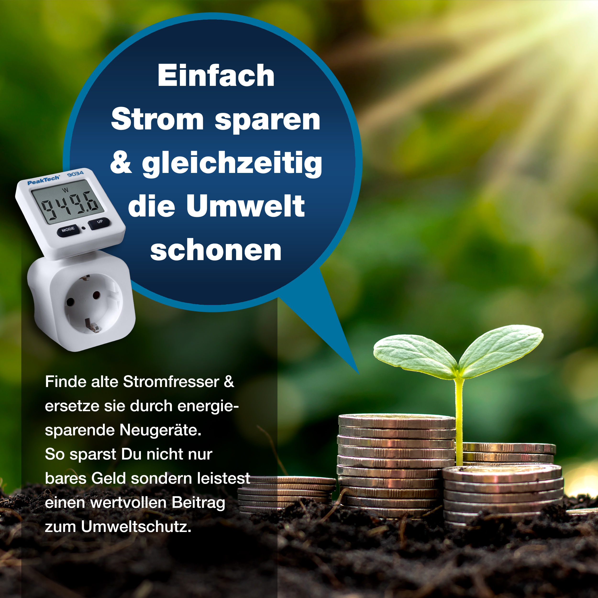 «PeakTech® P 9034» Energiekostenmessgerät 0,1W Auflösung mit drehbarer Anzeige