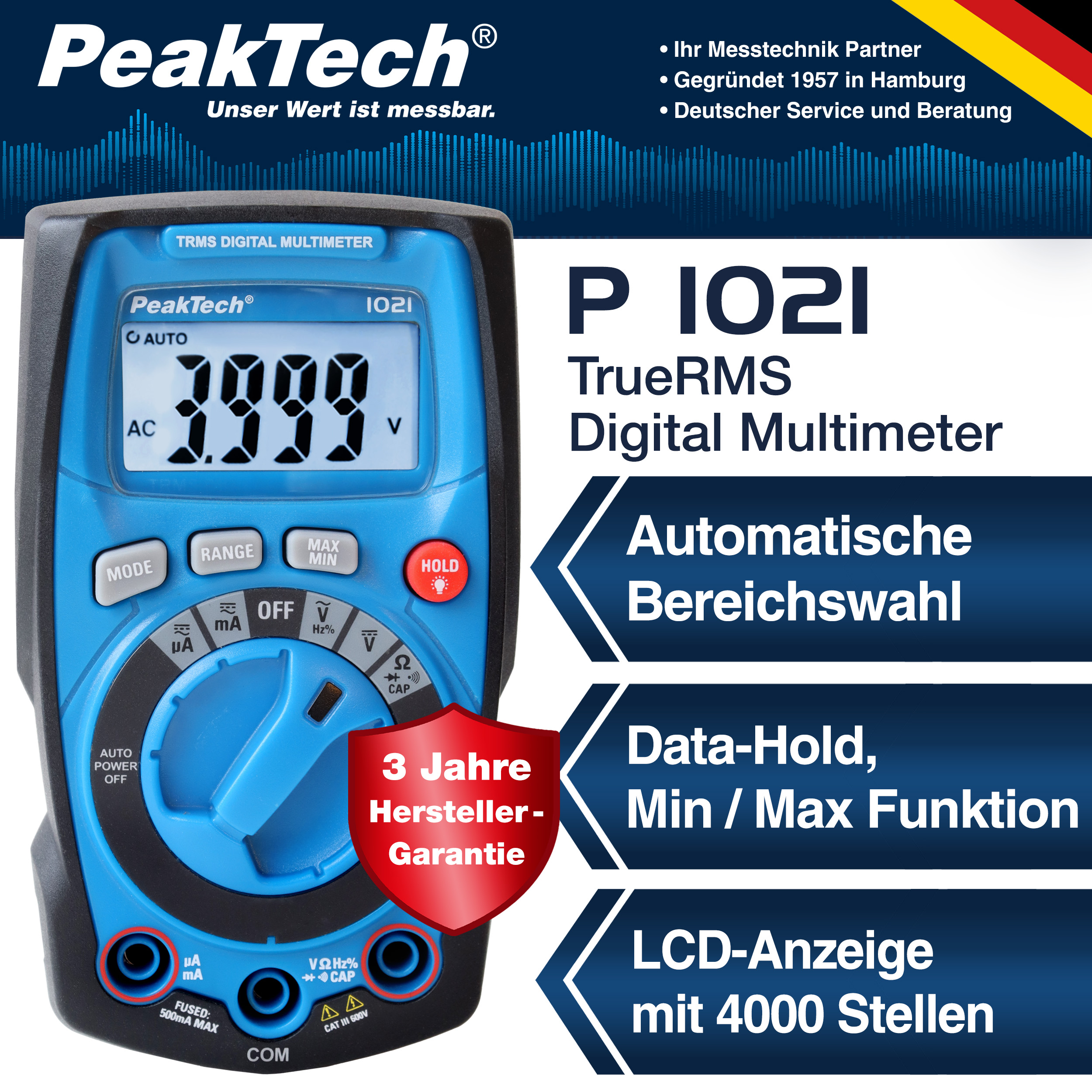 «PeakTech® P 1021» TrueRMS Digital Multimeter 4000 Counts, Auto.Range