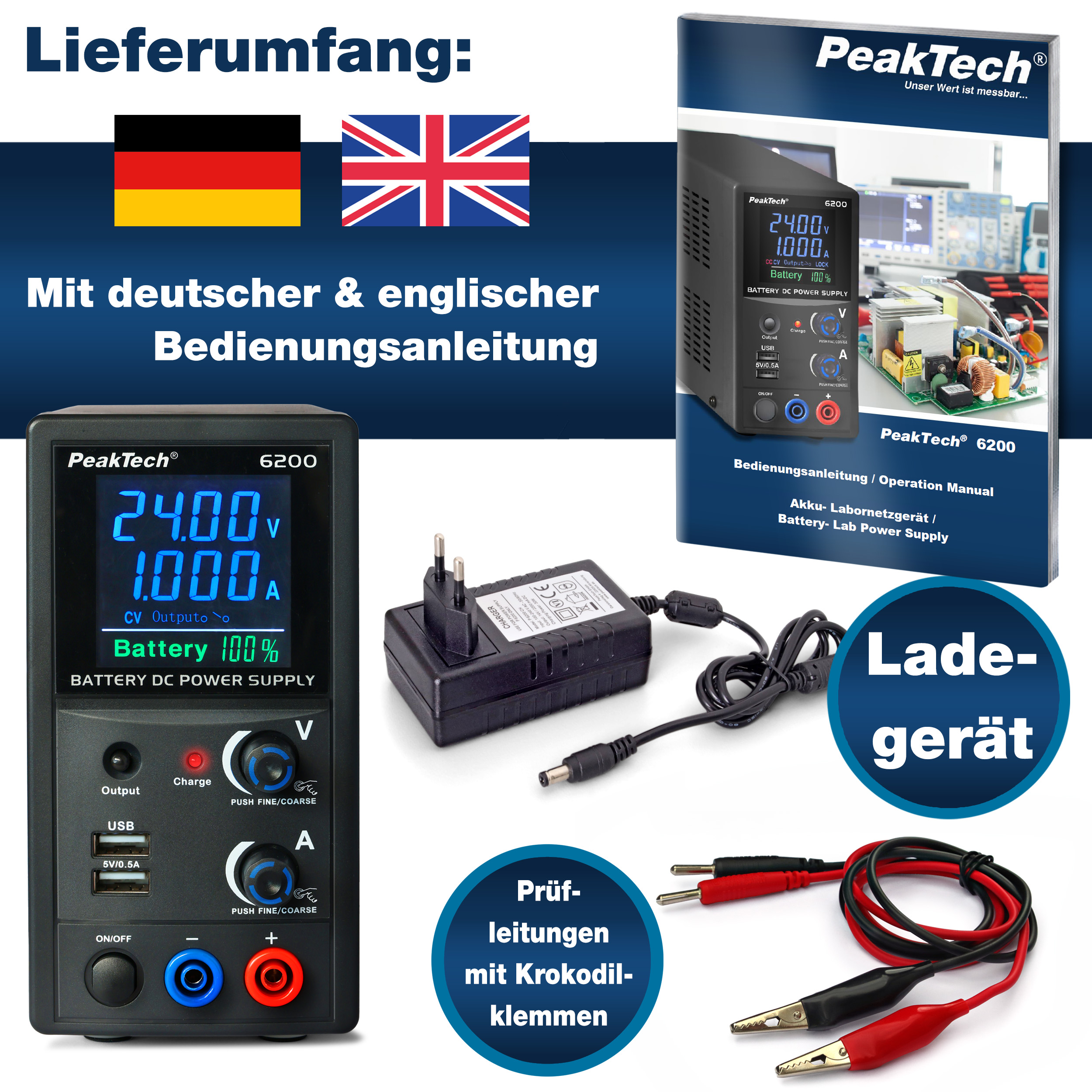 «PeakTech® P 6200» Akku-Labornetzgerät 0...24V / 0...1A DC