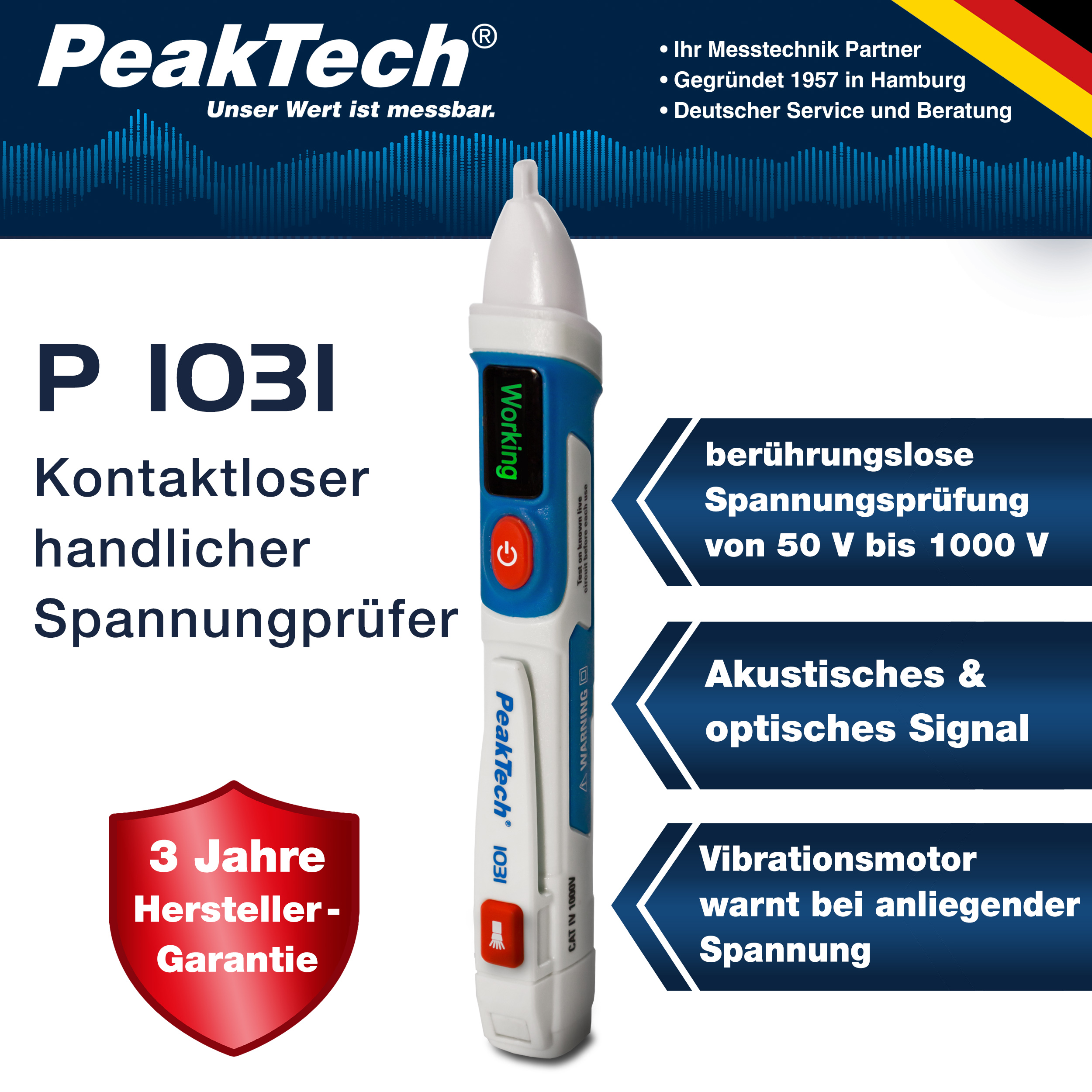«PeakTech® P 1031» AC-Spannungsprüfer 50 - 1000 V AC mit Vibration