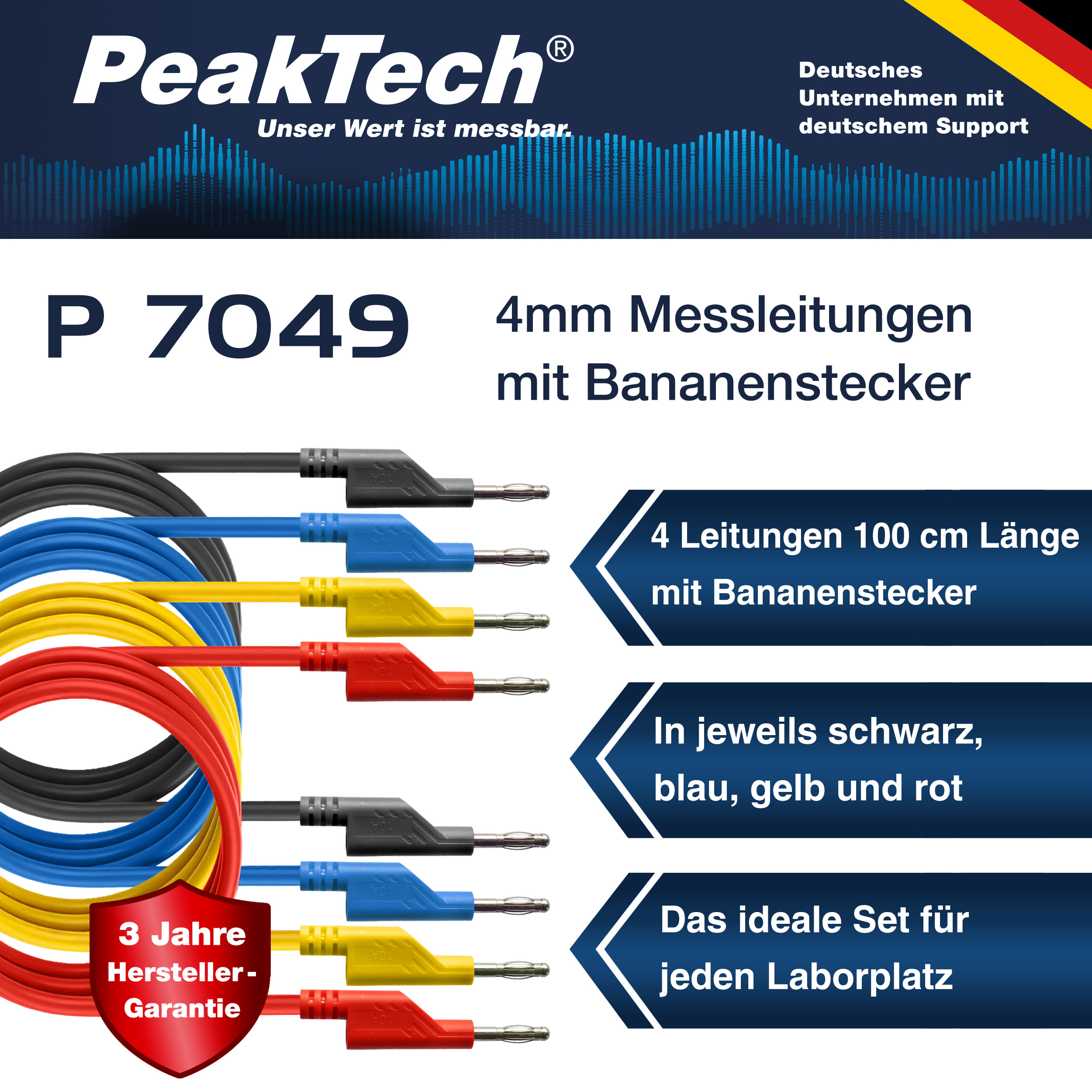 «PeakTech® P 7049» Jeu de 4 cordons de test (100 cm) pour alimentations de laboratoire