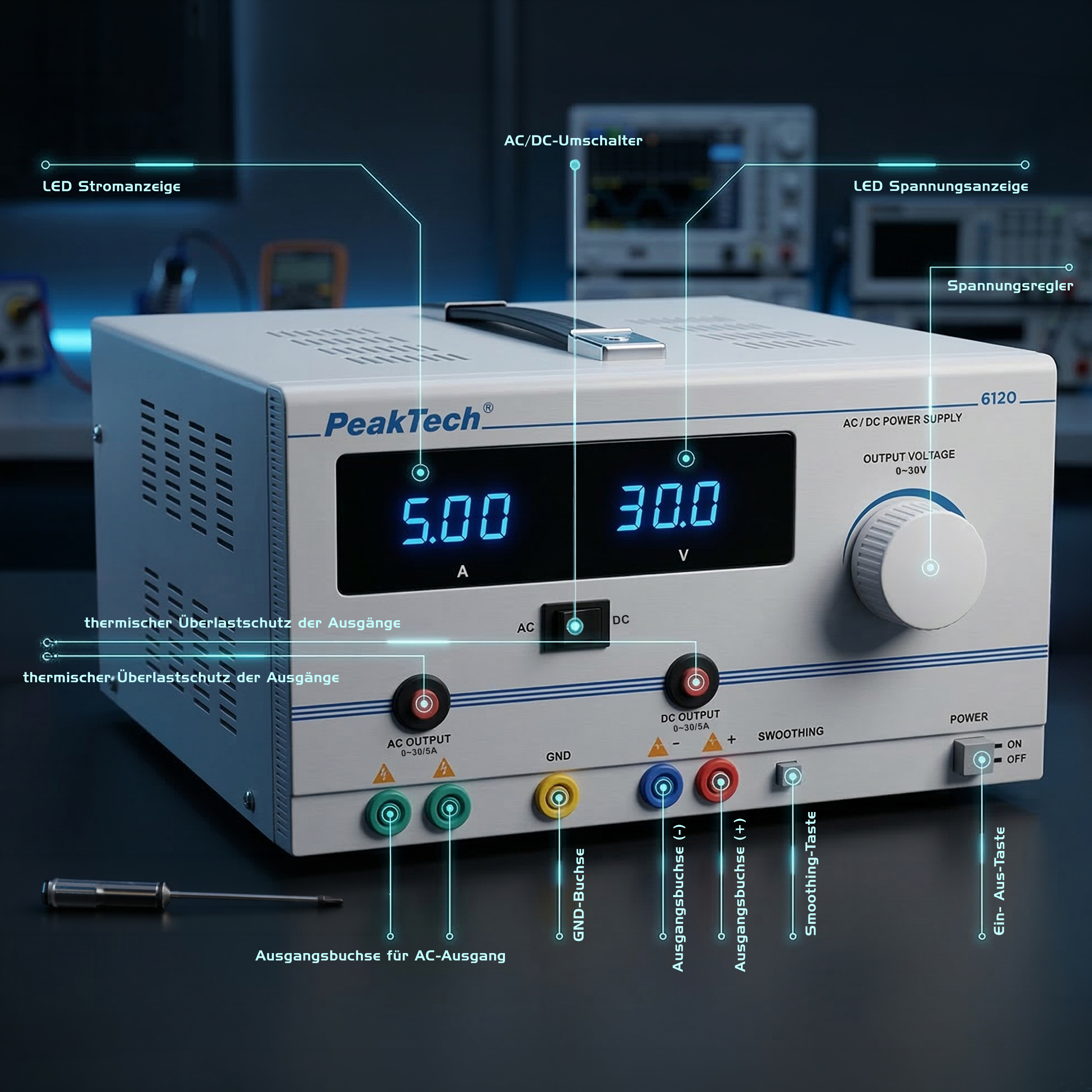 «PeakTech® P 6120» AC/DC Laboratory Power Supply 0 - 30 V/5 A