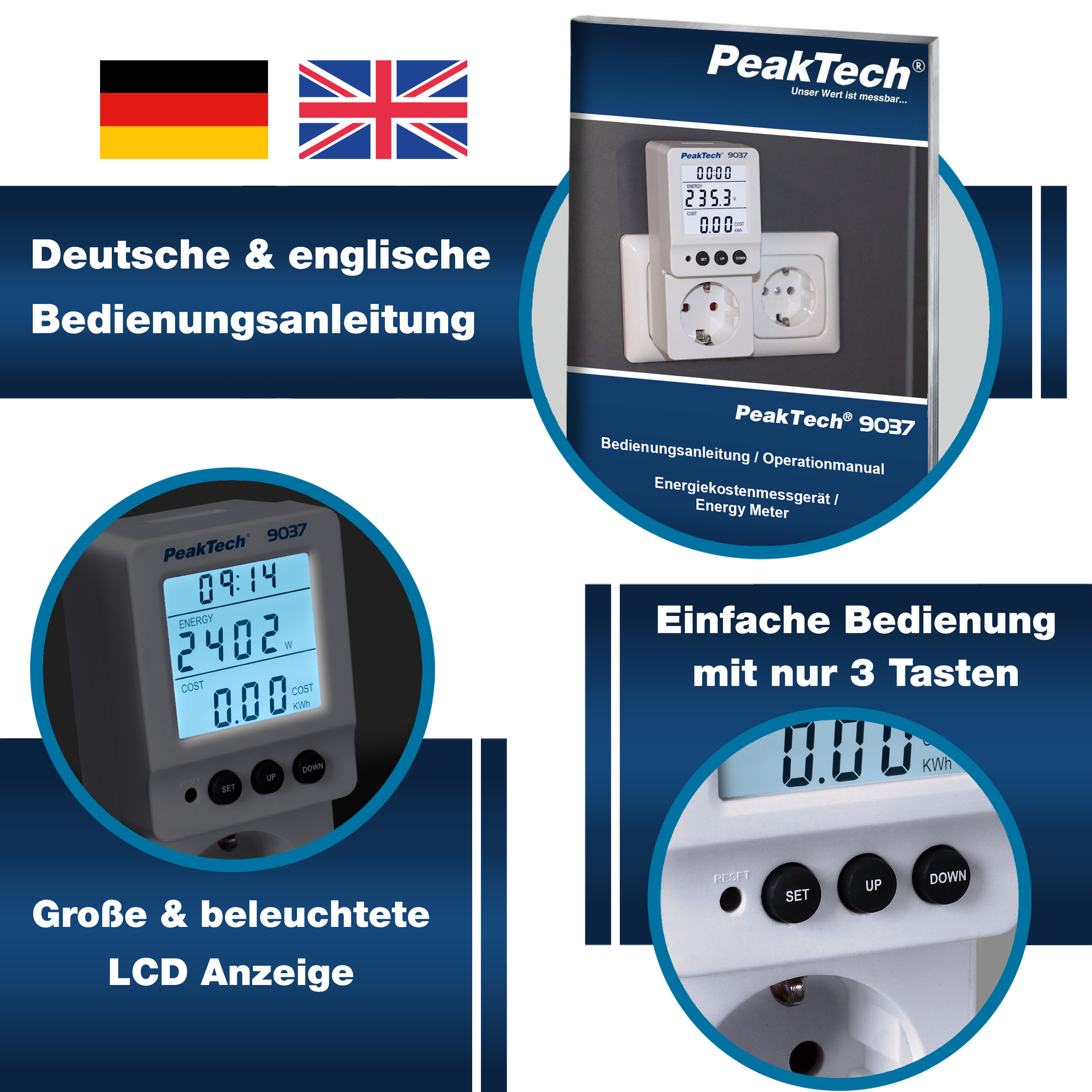 «PeakTech® P 9037» Energiekostenmessgerät 0,1W Auflösung mit schwenkbarem LCD