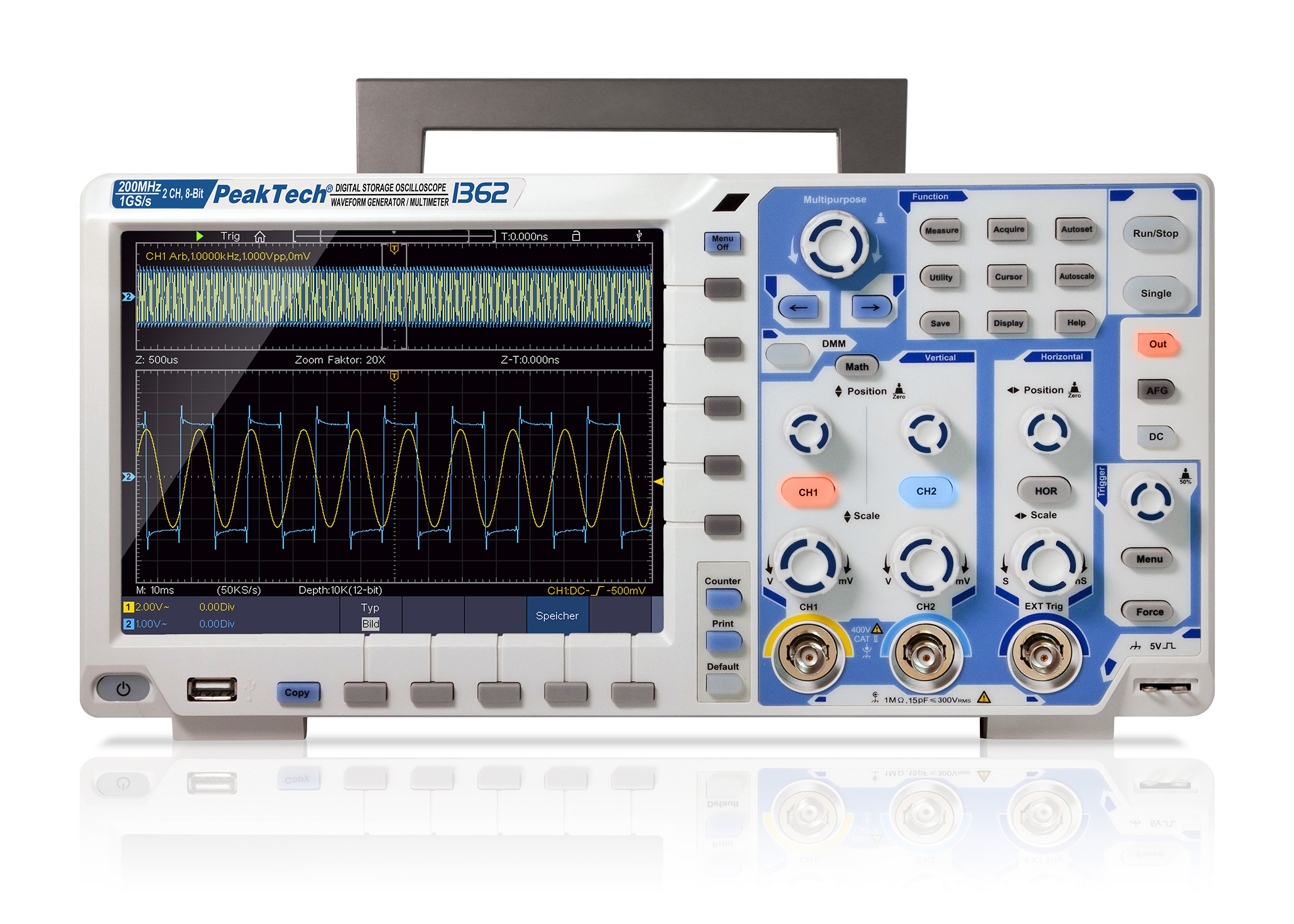 «PeakTech® P 1362» 200 MHz / 2 CH, 2 GS/s Touchscreen-Oszilloskop