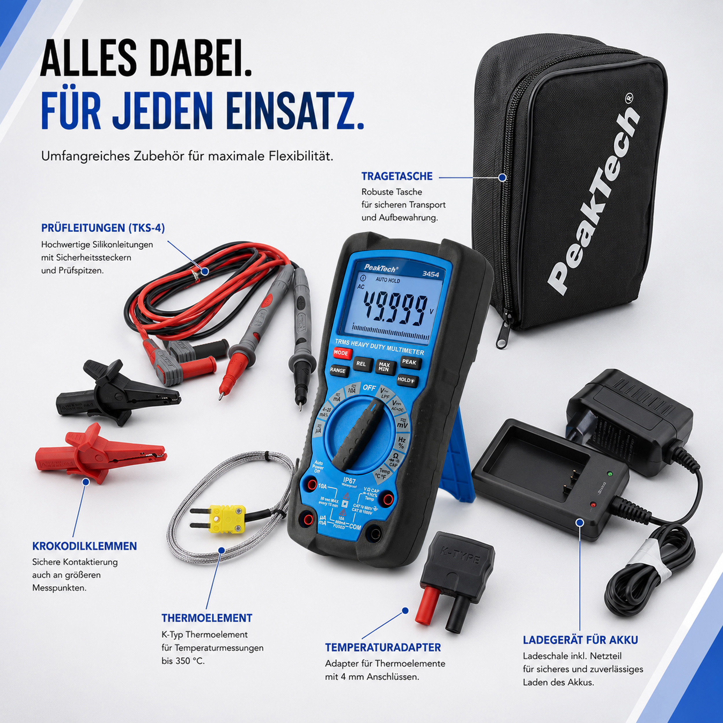 «PeakTech® P 3454» Heavy Duty Multimeter ~ 50.000 Counts LCD ~1000V AC/DC with TrueRMS, IP67