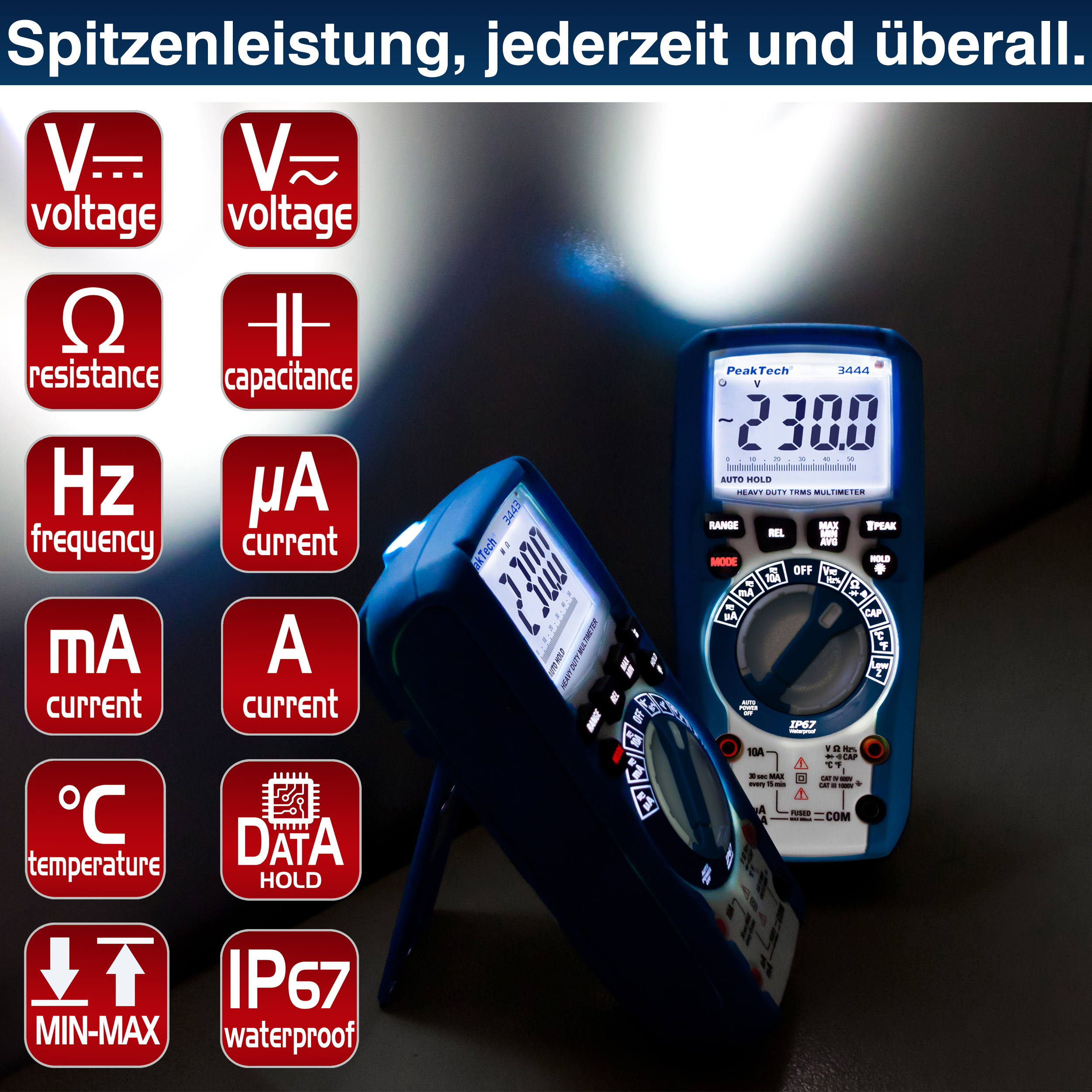 «PeakTech® P 3443» Multímetro Digital 6000 cuentas, IP67