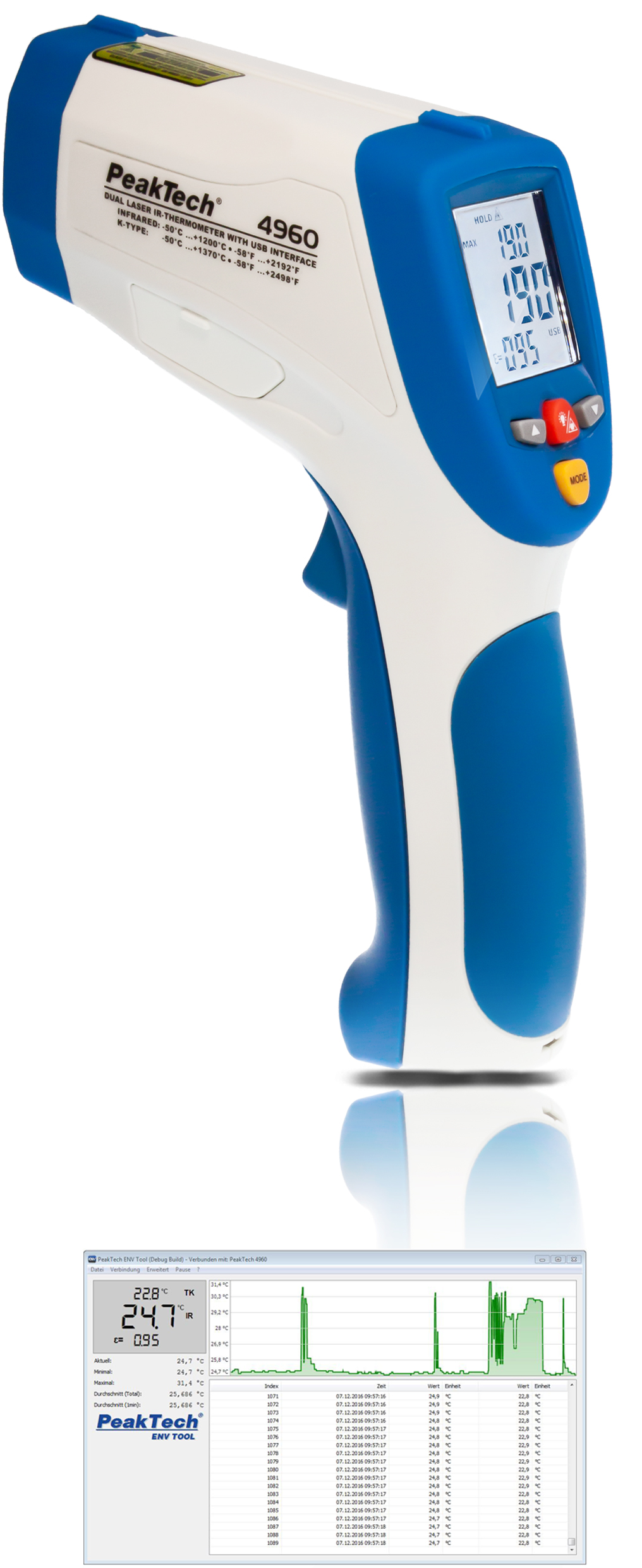 «PeakTech® P 4960» IR-Thermometer; -50 … +1200°C; USB-Interface