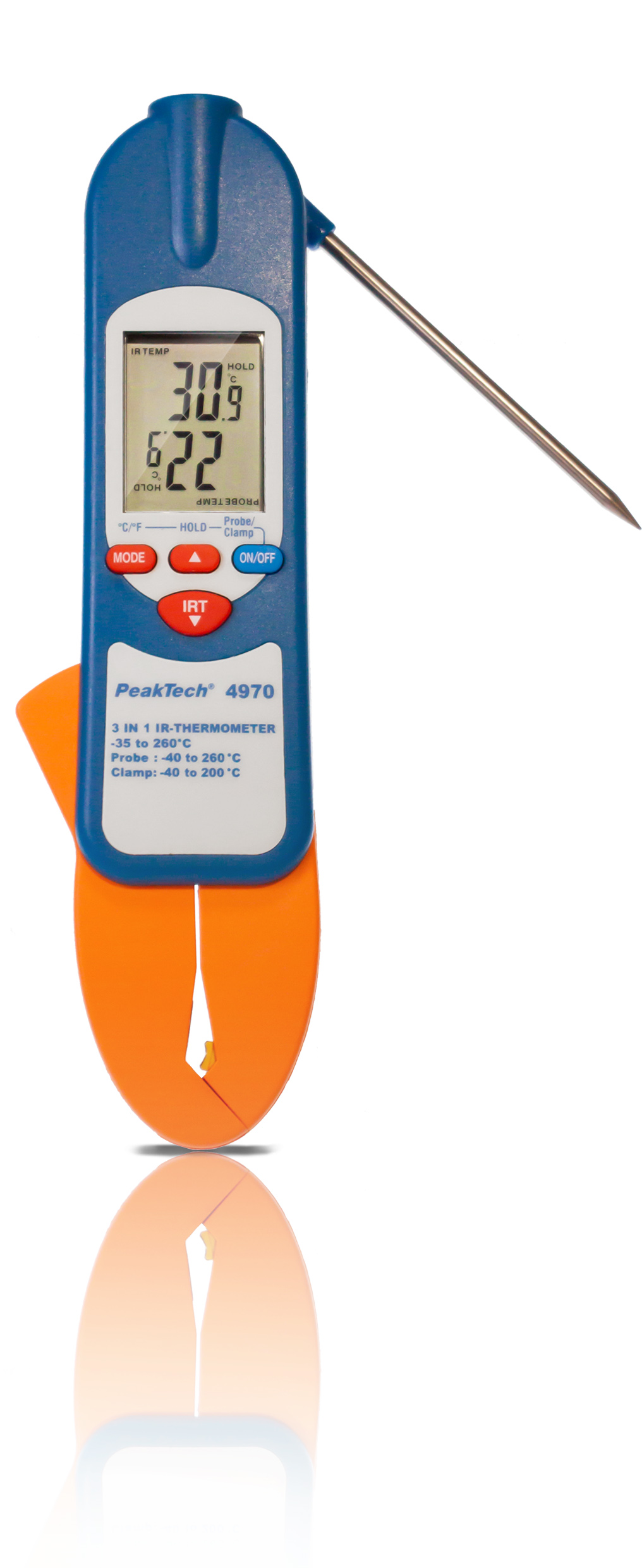 «PeakTech® P 4970» Termómetro IR ~ -35 ... +260°C ~ con sonda de penetración y pinza de medición (3 en 1)