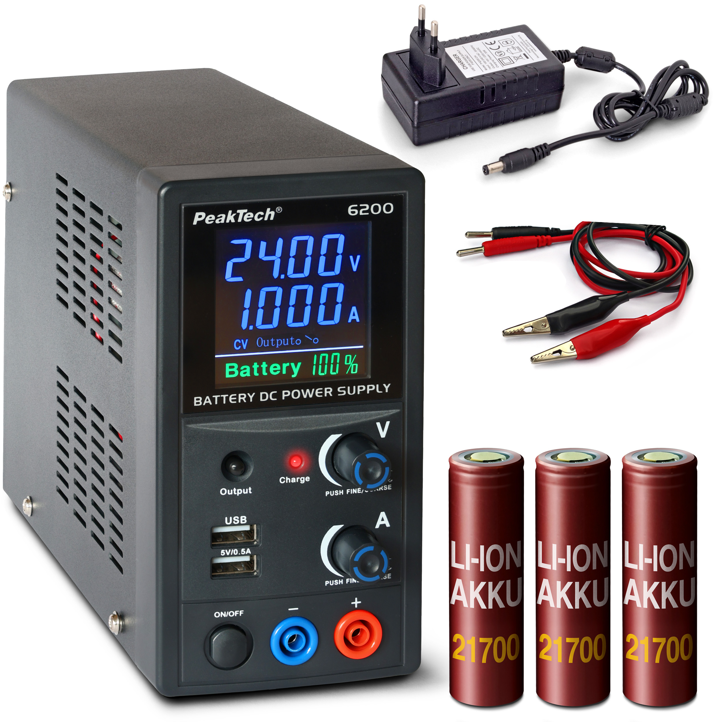 «PeakTech® P 6200» Akku-Labornetzgerät 0...24V / 0...1A DC