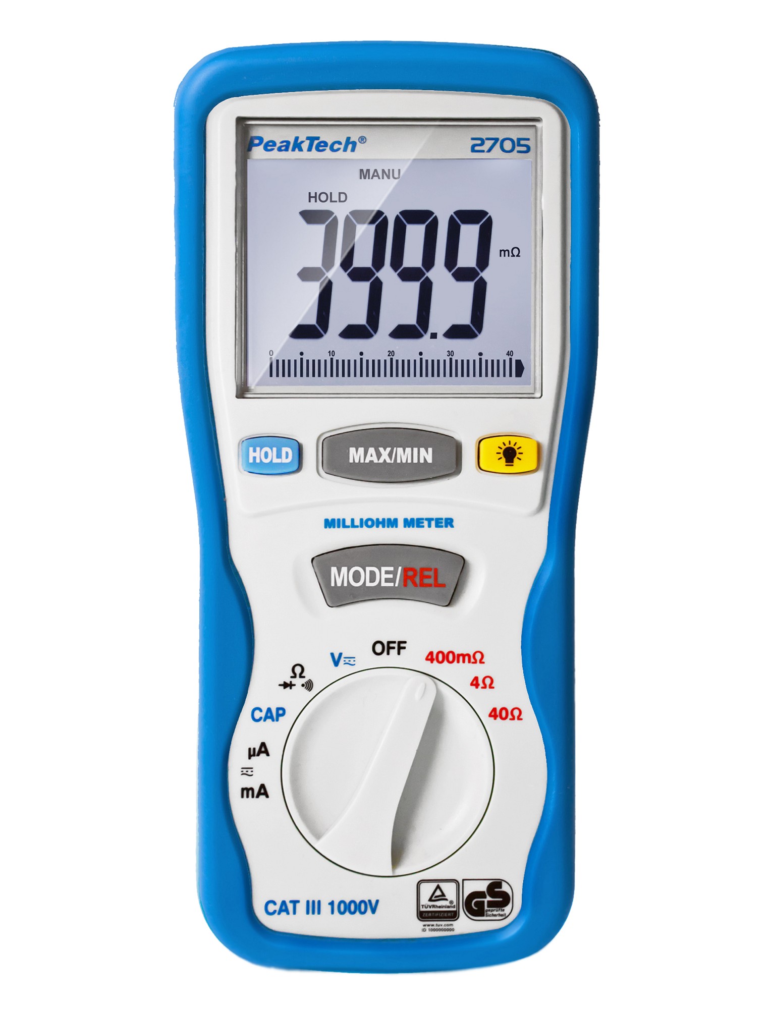 «PeakTech® P 2705» Digital milliohmmeter, 4,000 counts, 400 mΩ/4/40/Ω