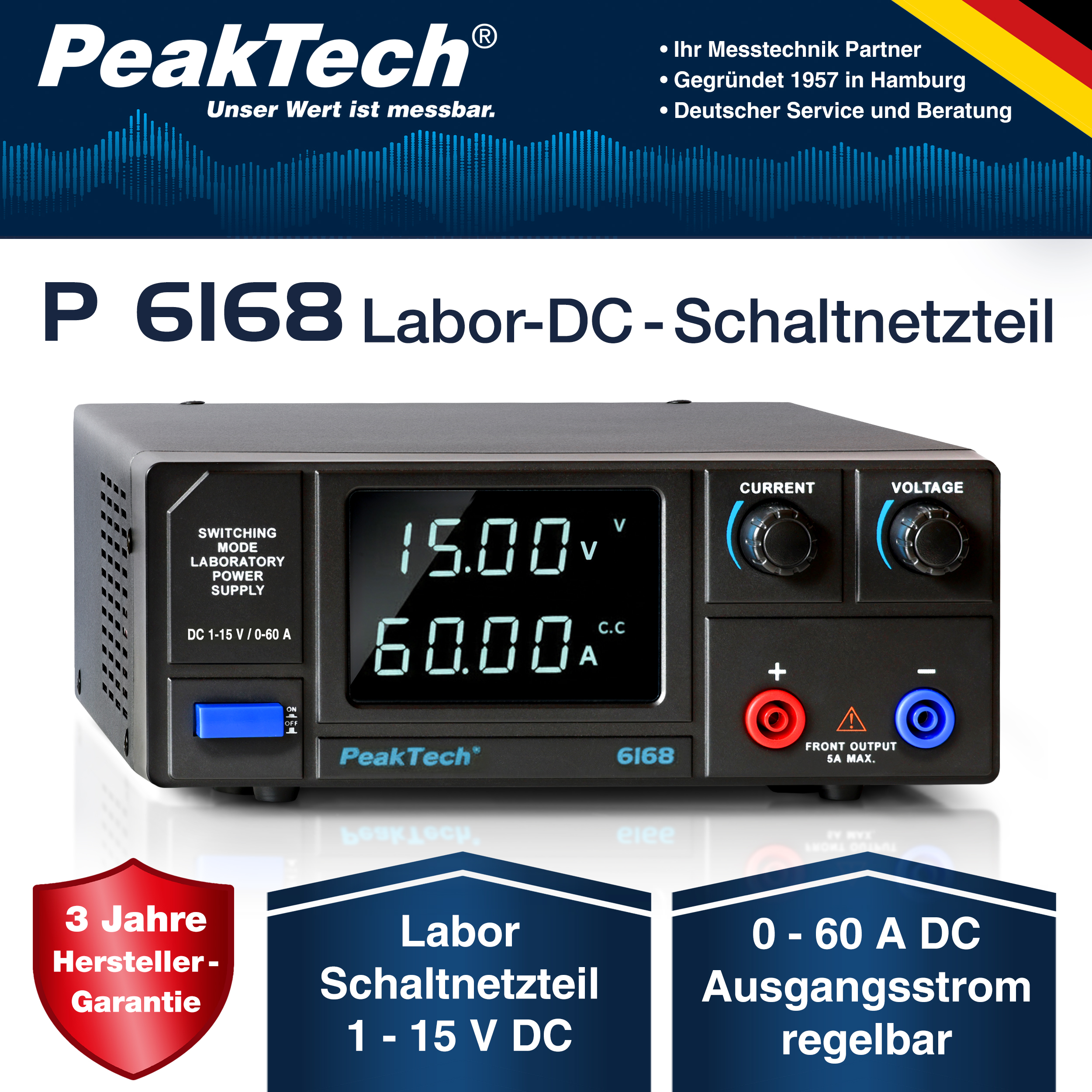 «PeakTech® P 6168» DC Schaltnetzgerät  1 - 15V / 0-60A