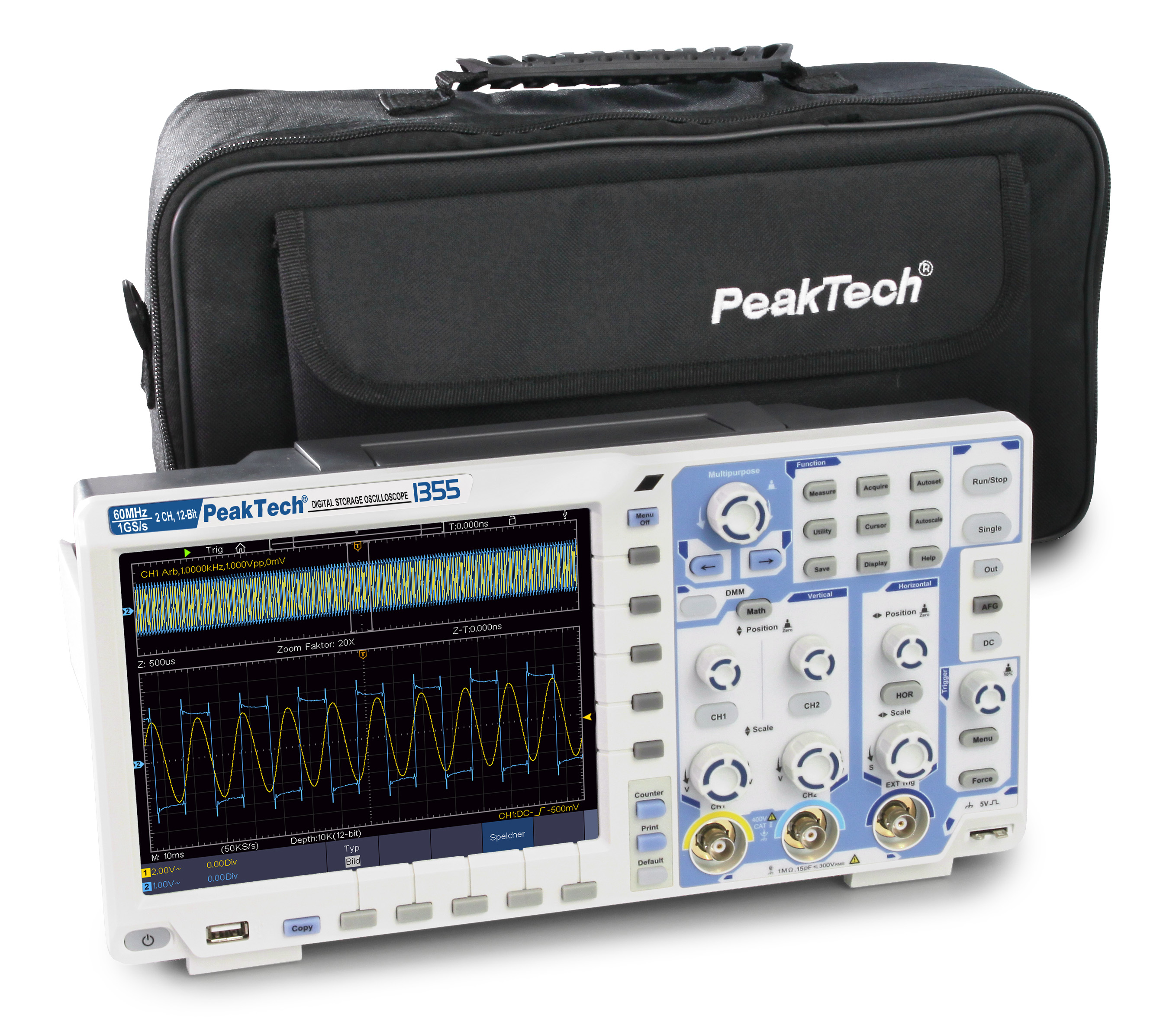 «PeakTech® P 1355» 60 MHz / 2 CH, 1 GS / s touchscreen oscilloscope