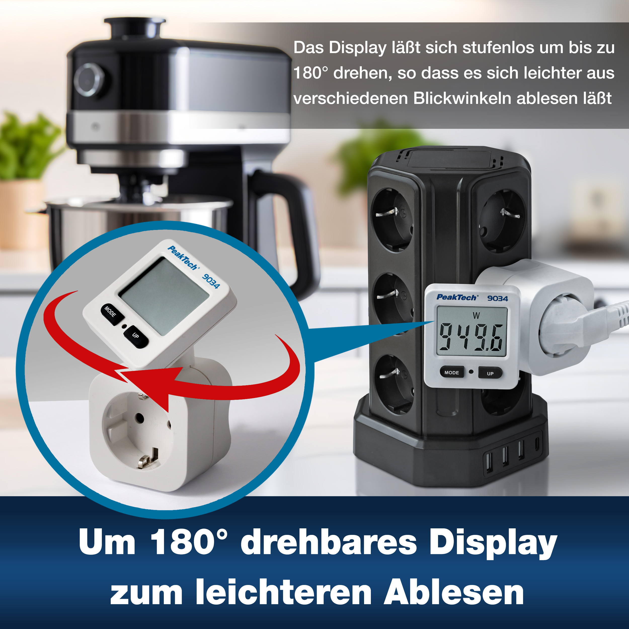 «PeakTech® P 9034» Energiekostenmessgerät 0,1W Auflösung mit drehbarer Anzeige