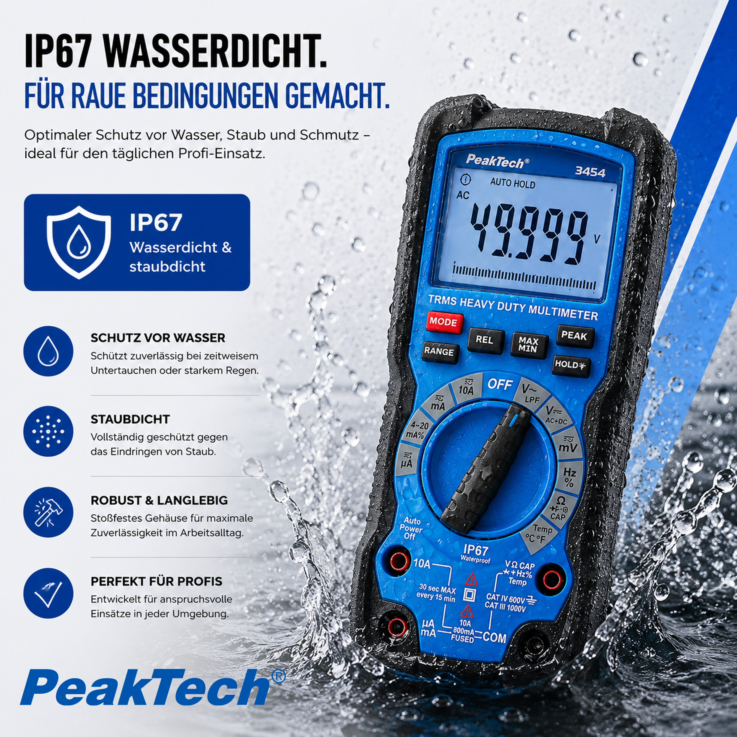 «PeakTech® P 3454» Heavy Duty Multimeter ~ 50.000 Counts LCD ~1000V AC/DC with TrueRMS, IP67