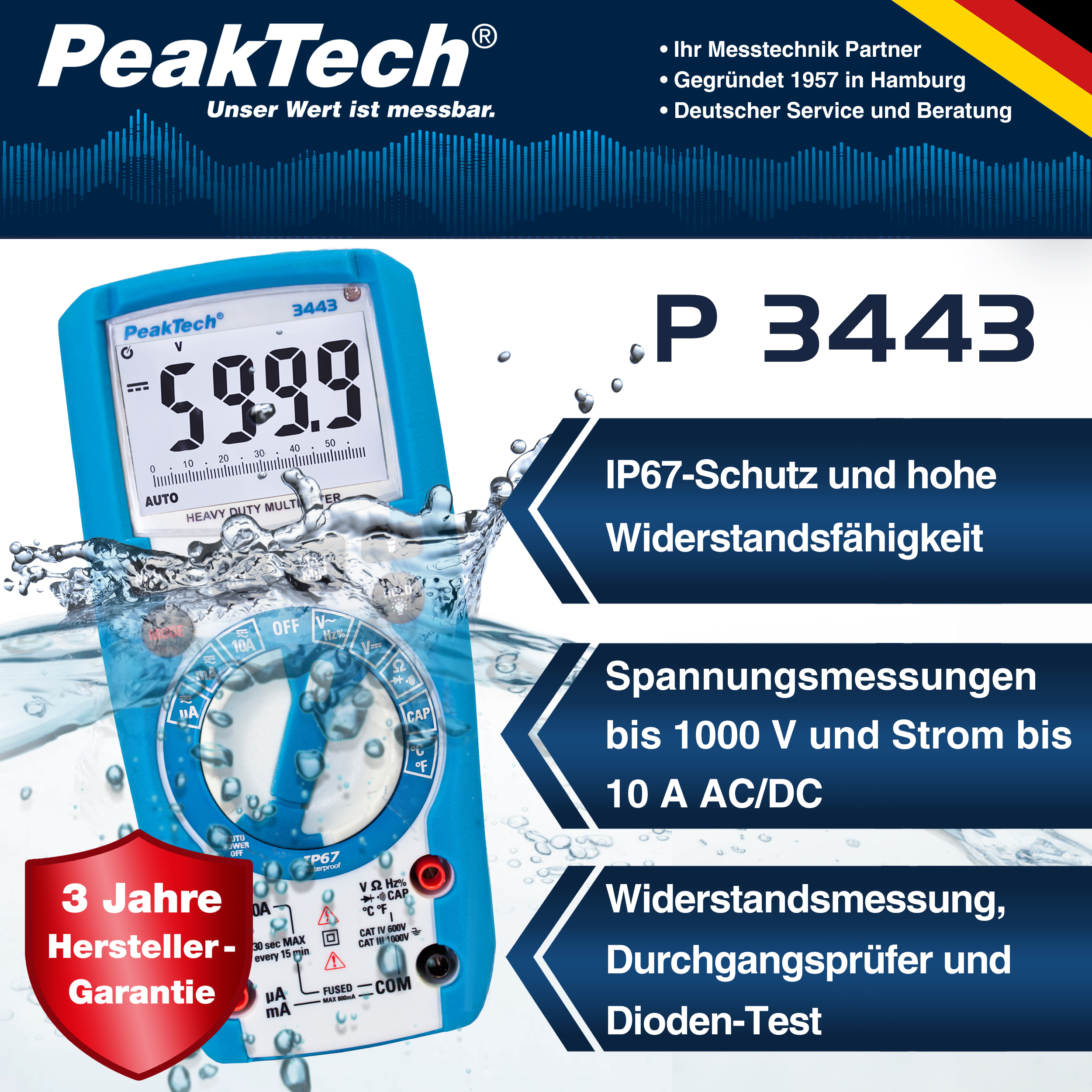 «PeakTech® P 3443» Multímetro Digital 6000 cuentas, IP67
