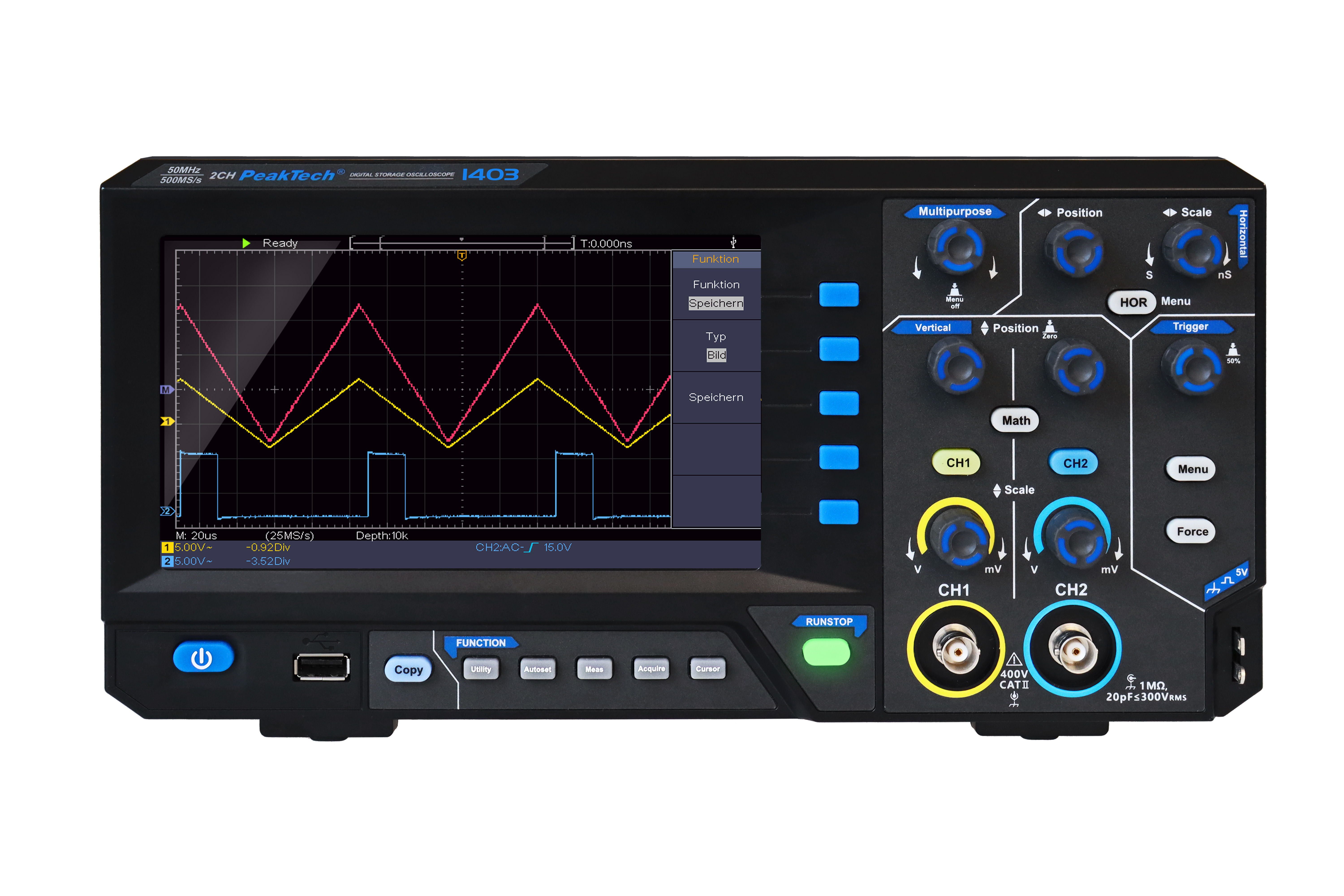 «PeakTech® P 1403» 50 MHz / 2CH, 500 MS/s Oscilloscope à mémoire