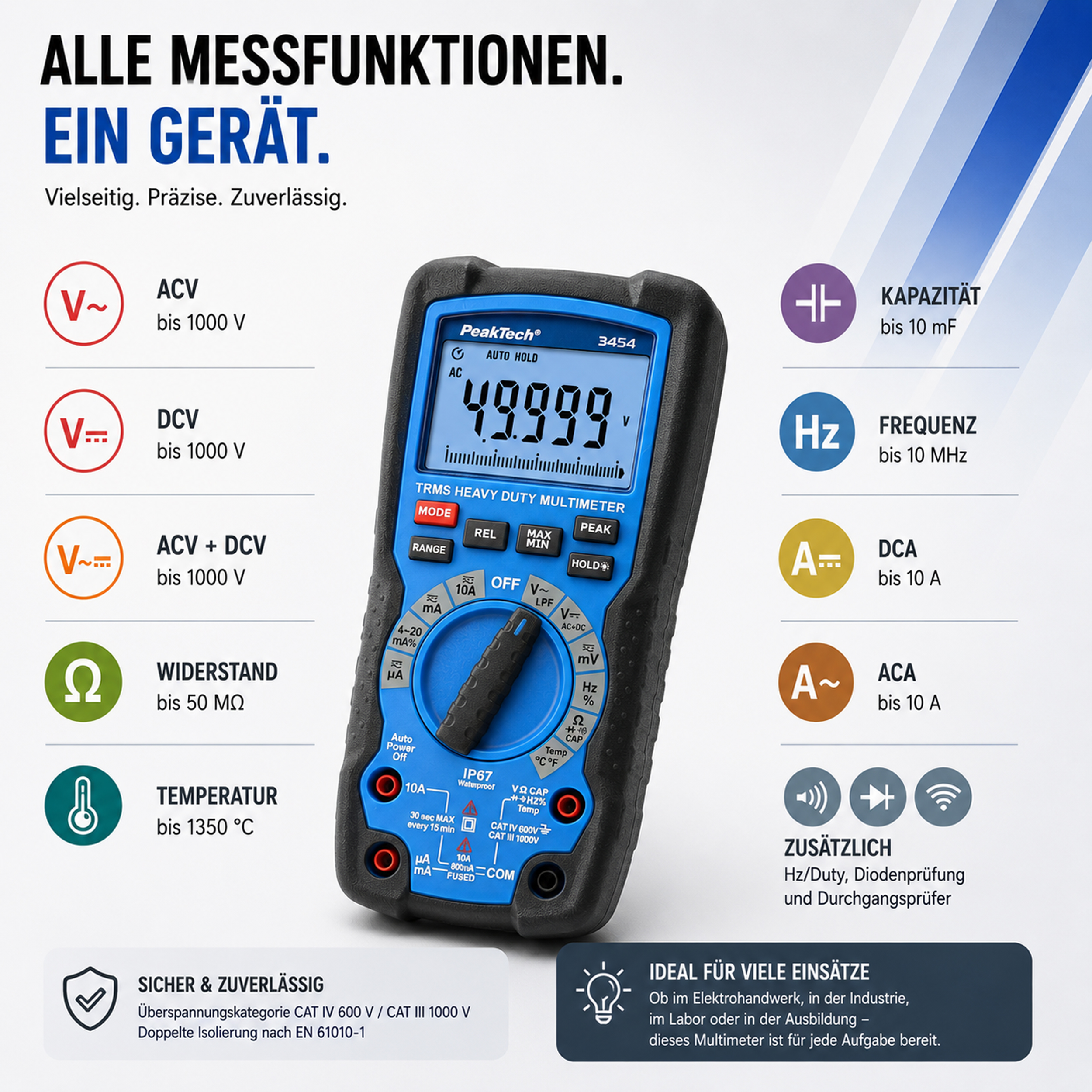 «PeakTech® P 3454» Heavy Duty Multimeter ~ 50.000 Counts LCD ~1000V AC/DC with TrueRMS, IP67