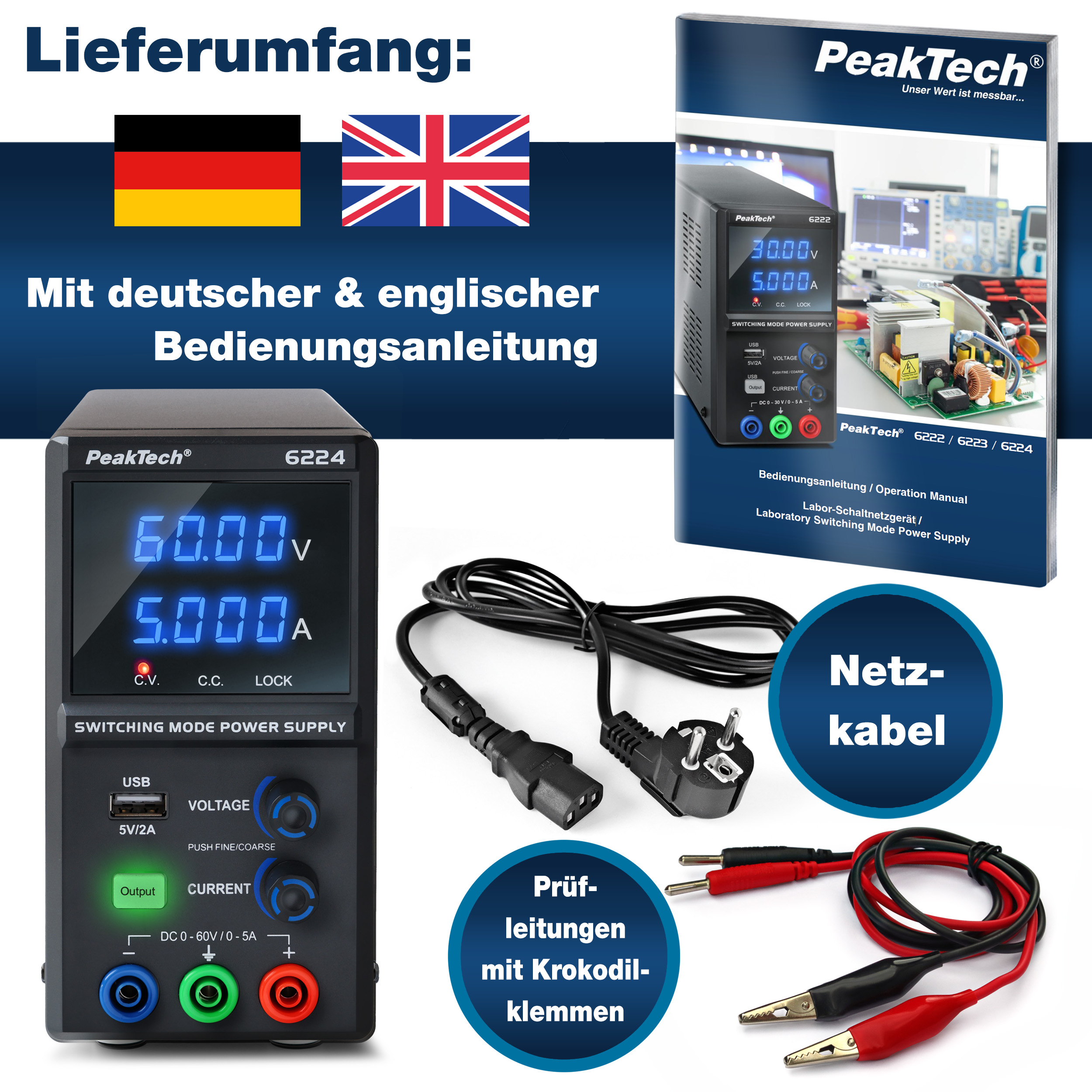 «PeakTech® P 6224» Alimentation à découpage CC 0 - 60 V / 0 - 5 A