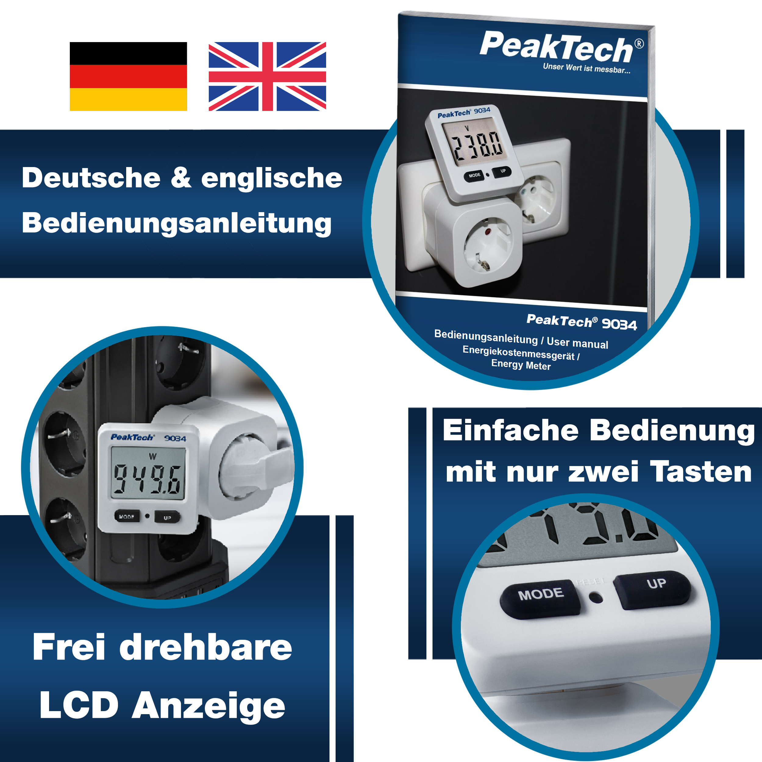 «PeakTech® P 9034» Energiekostenmessgerät 0,1W Auflösung mit drehbarer Anzeige