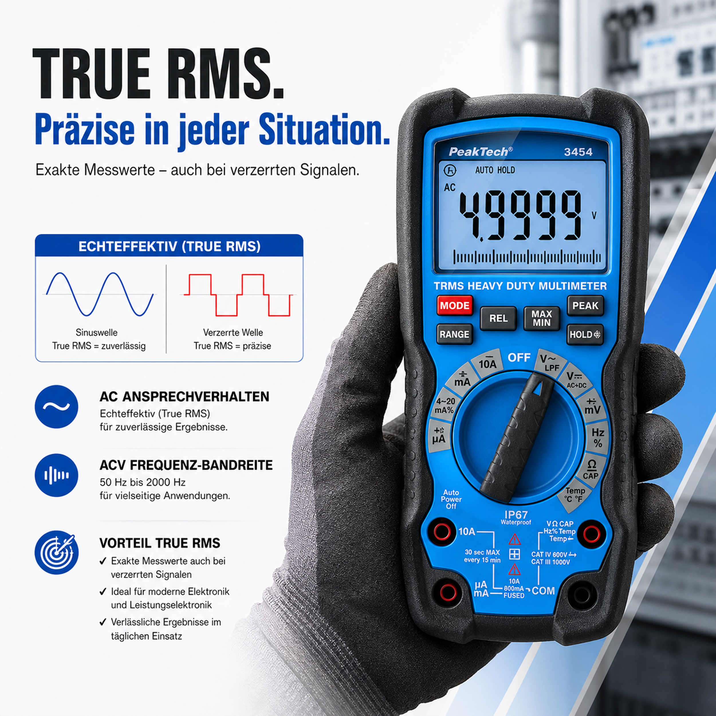 «PeakTech® P 3454» Heavy Duty Multimeter ~ 50.000 Counts LCD ~1000V AC/DC with TrueRMS, IP67