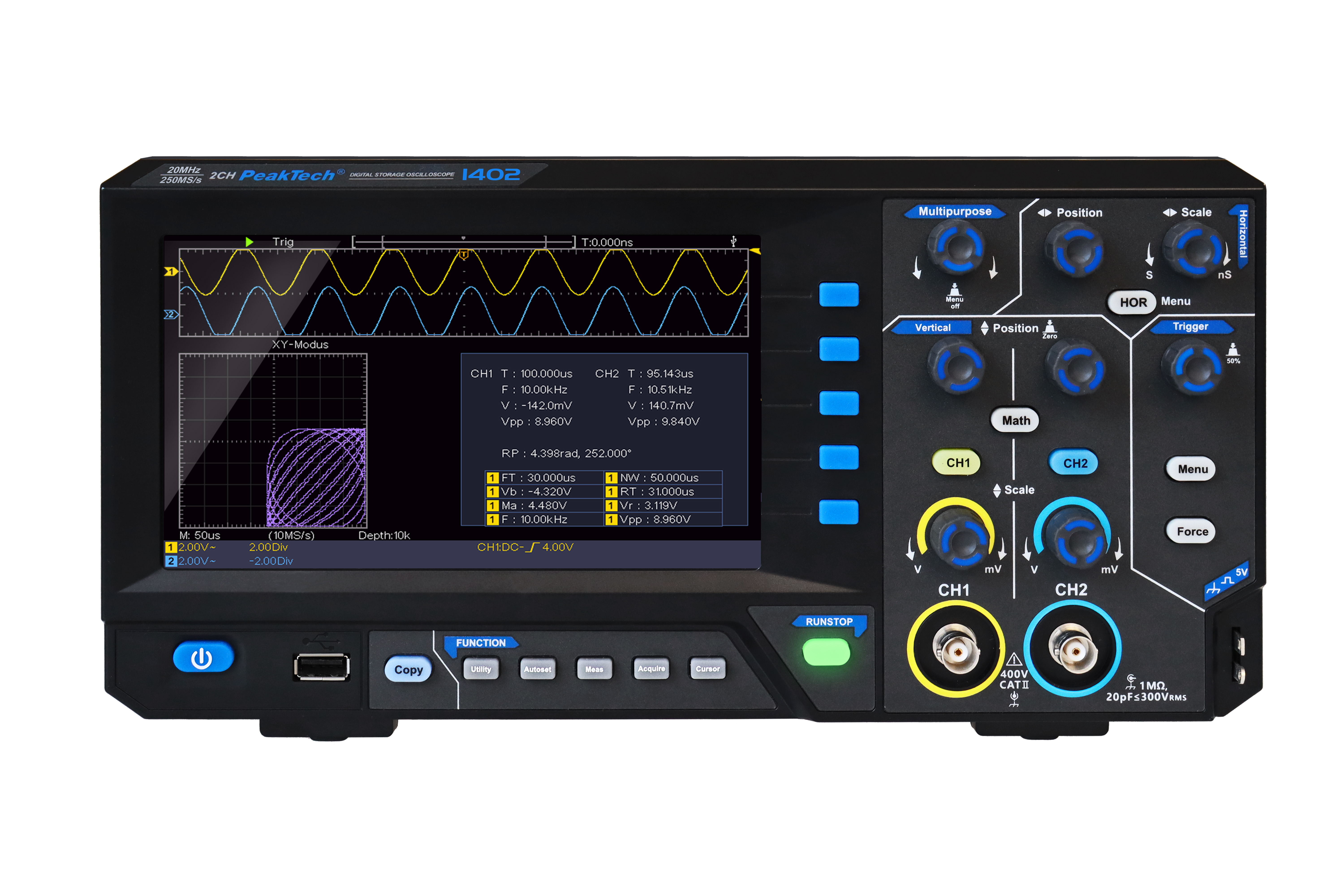 «PeakTech® P 1402» 20 MHz / 2CH, 250MS/s Digital storage oscilloscope