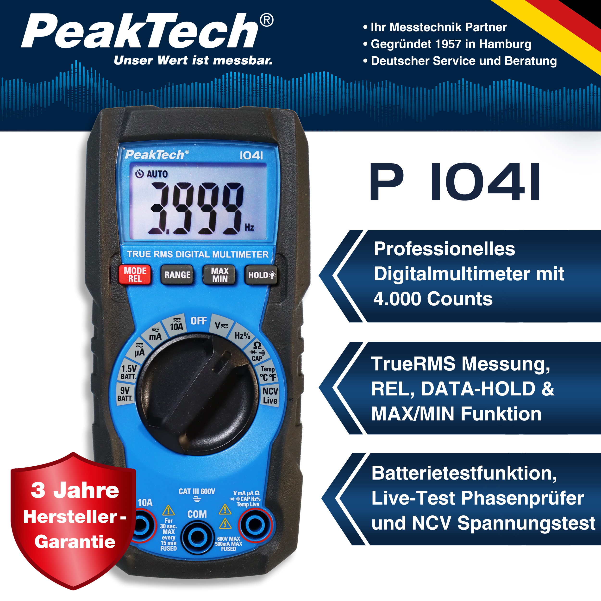 «PeakTech® P 1041» Multimètre TrueRMS 4000 compteur gamme automatique